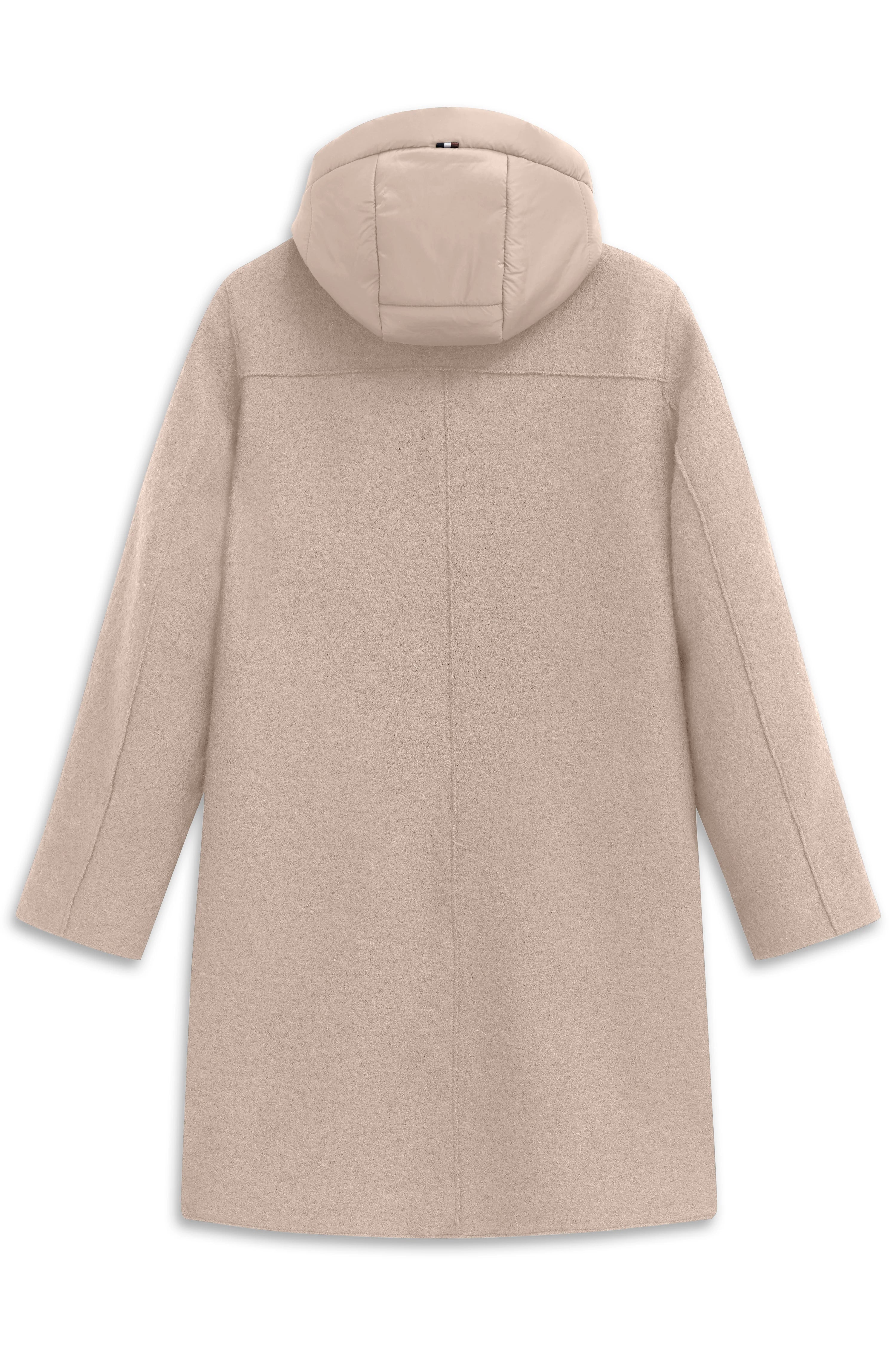 Beiger bugatti Mantel mit Kapuze, Rückansicht, legeres Bild, hochwertiges Material.