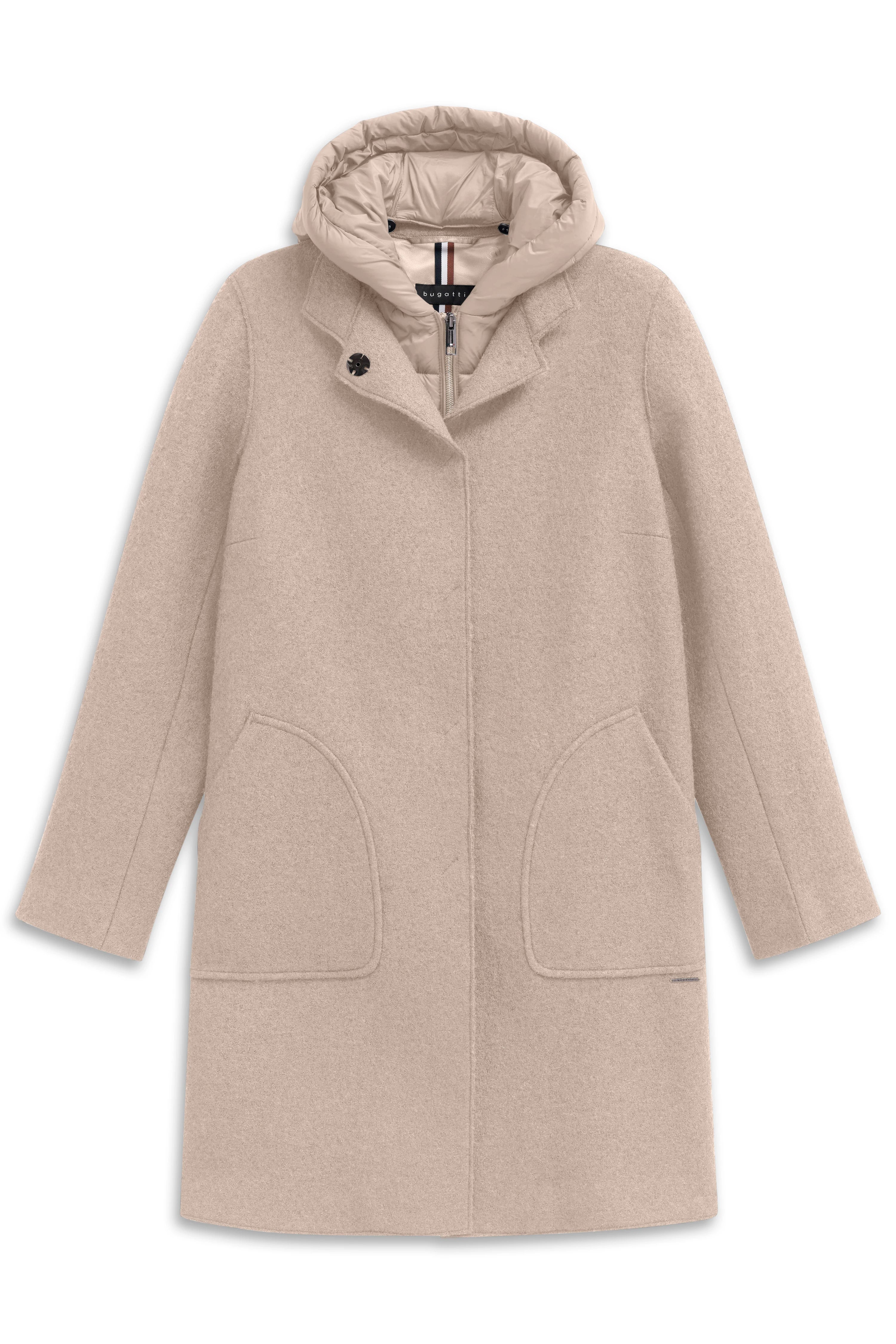 Beiger bugatti Mantel mit Kapuze, schlichtes Design, Büstenbild.
