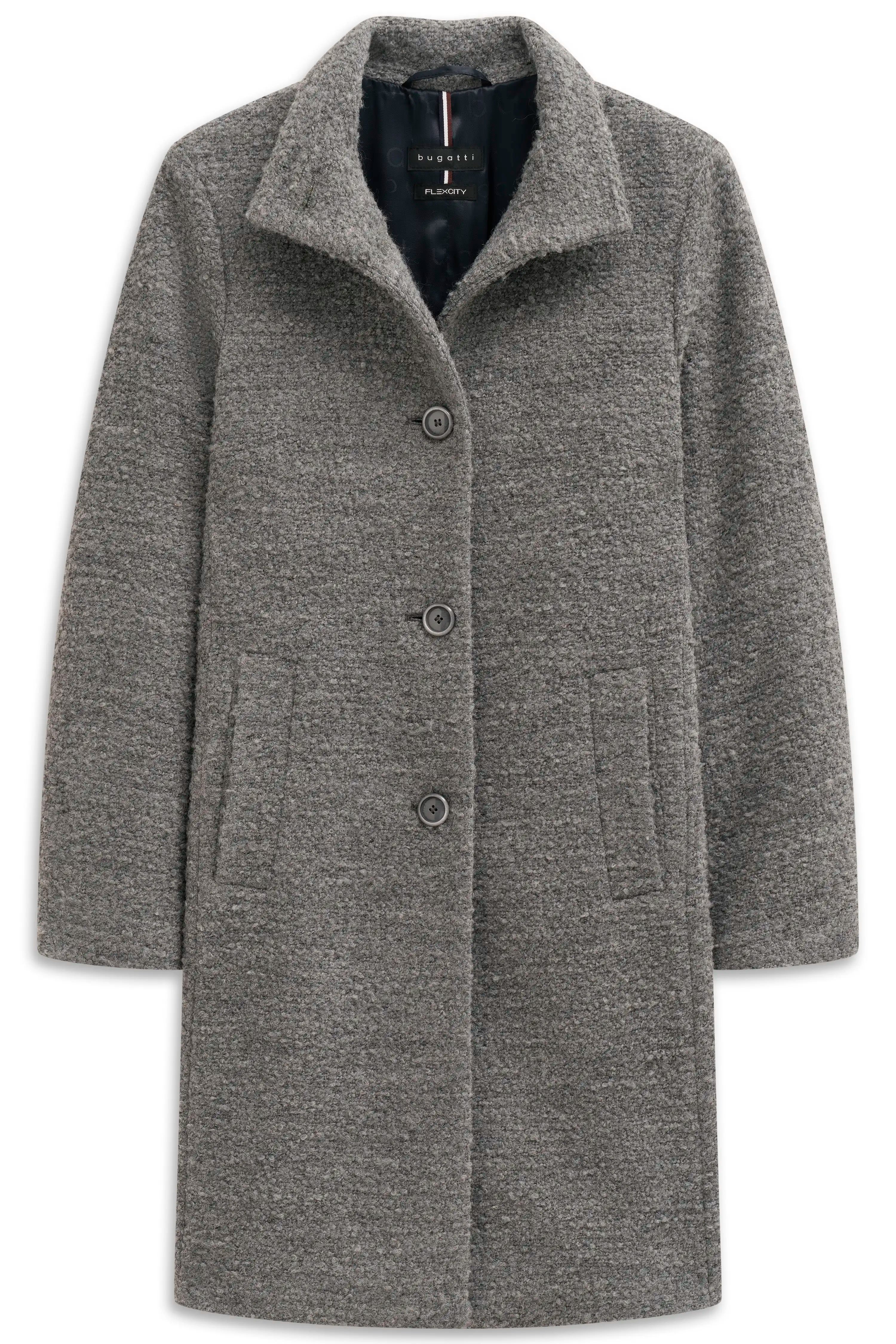 Grauer bugatti Mantel, Büstenbild, aus strukturiertem Material, mit Knöpfen und Kragen.