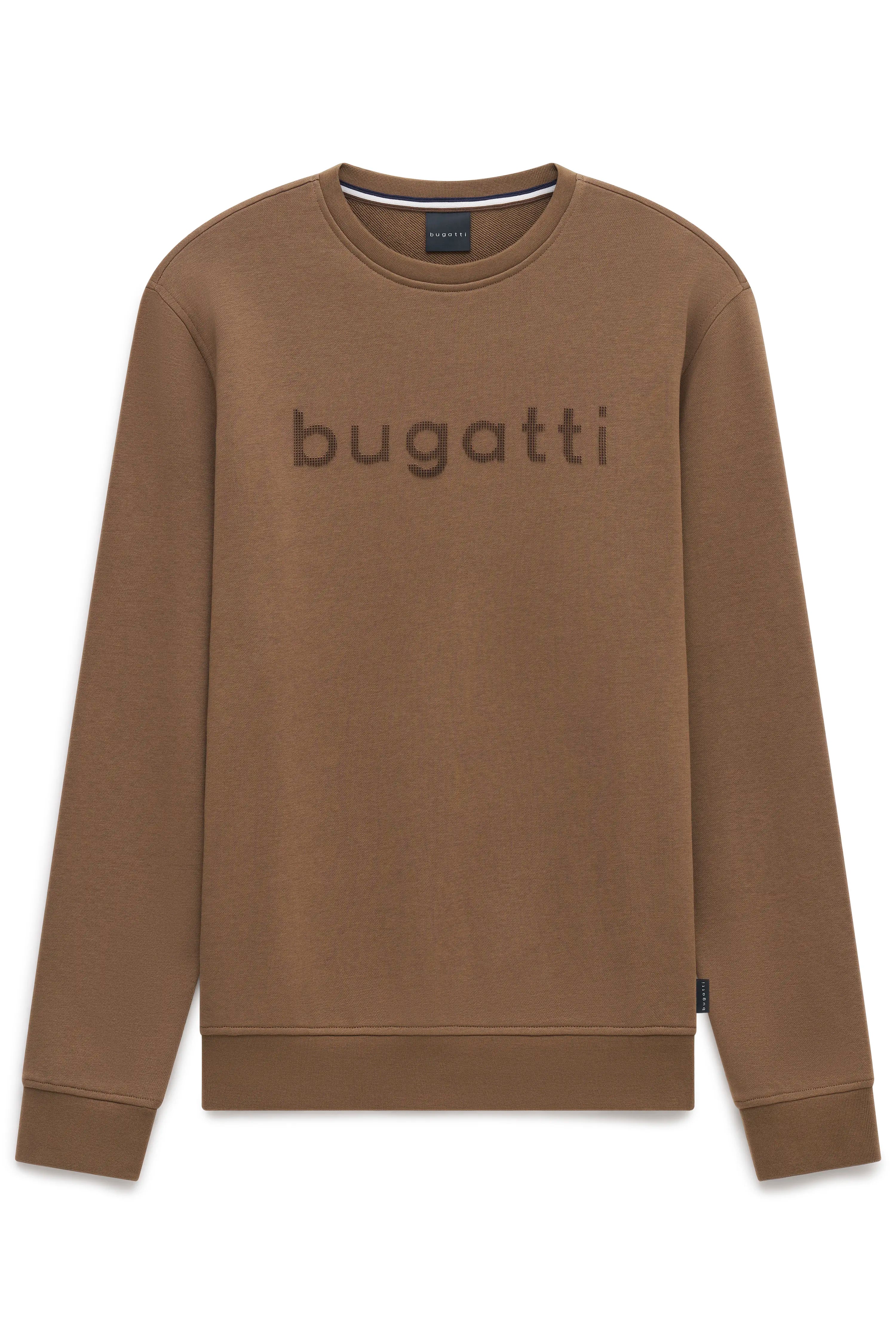 Brauner bugatti Pullover mit Logo-Aufdruck, Büstenbild, schlichtes Design.