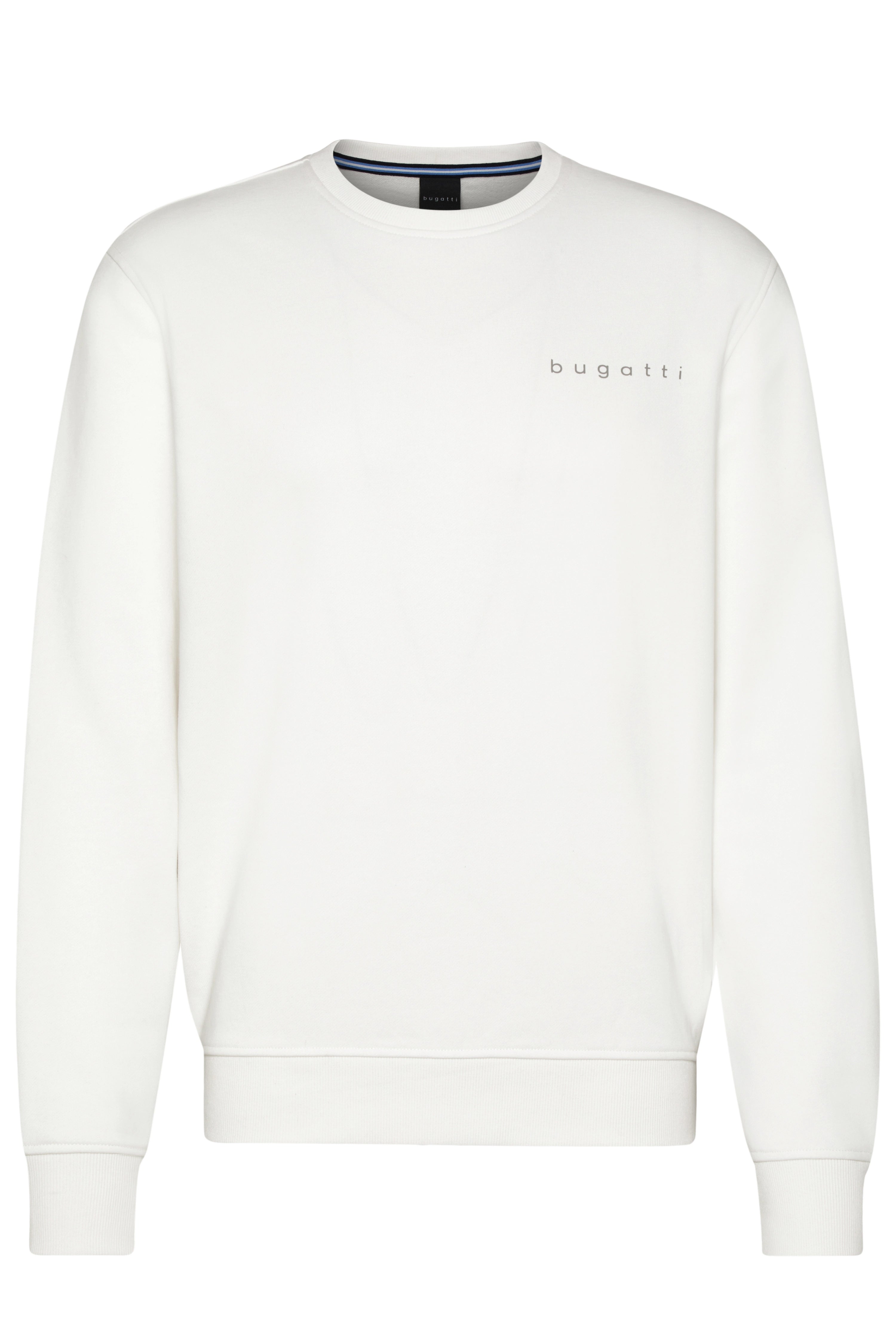 Weiße bugatti Sweatshirt-Büste, schlichtes Design, Logo links, langärmlig, Rundhals.