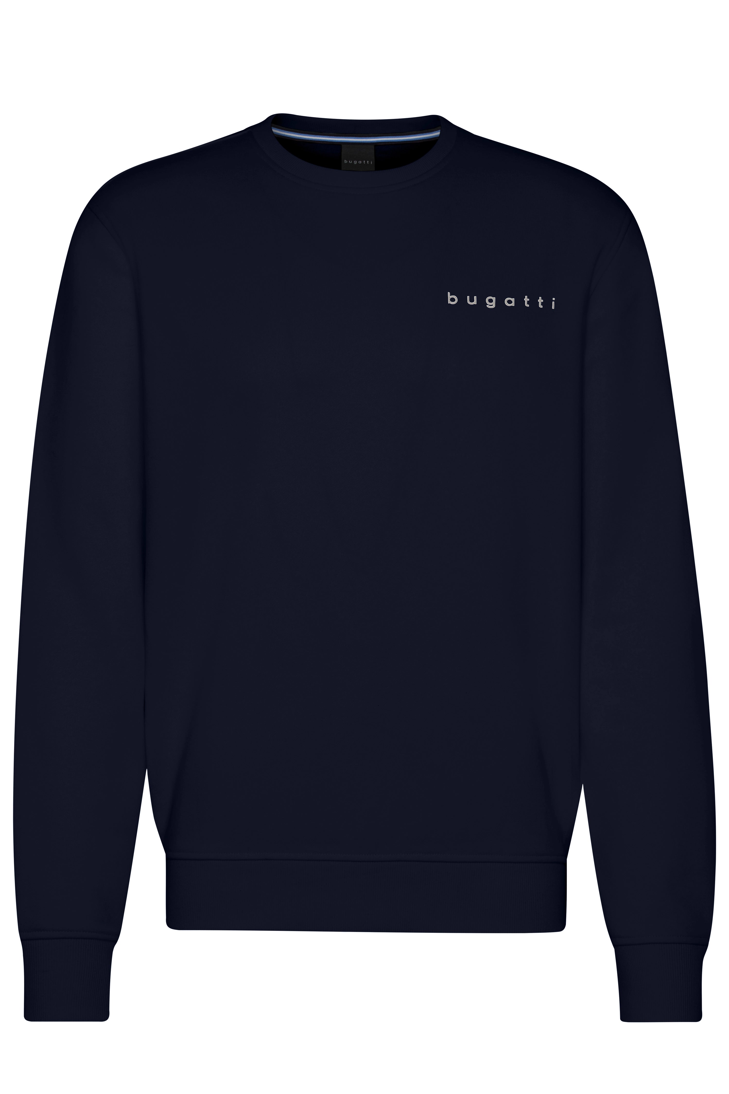 Dunkelblauer bugatti Pullover mit Rundhals, schlichtes Design, Büstenbild.