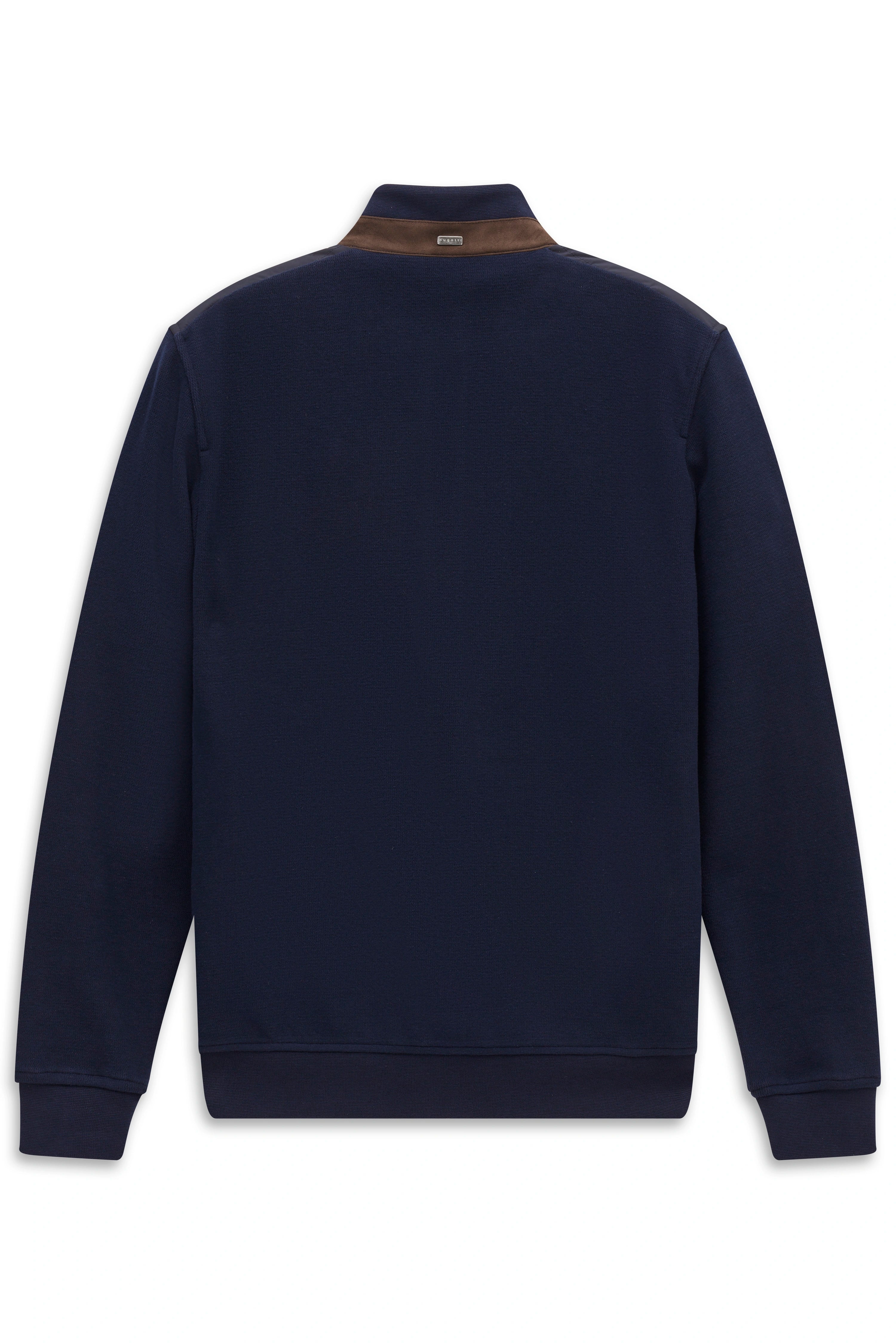 Blauer bugatti Pullover, Rückansicht, mit braunem Kragenakzent, legeres Büstenbild.