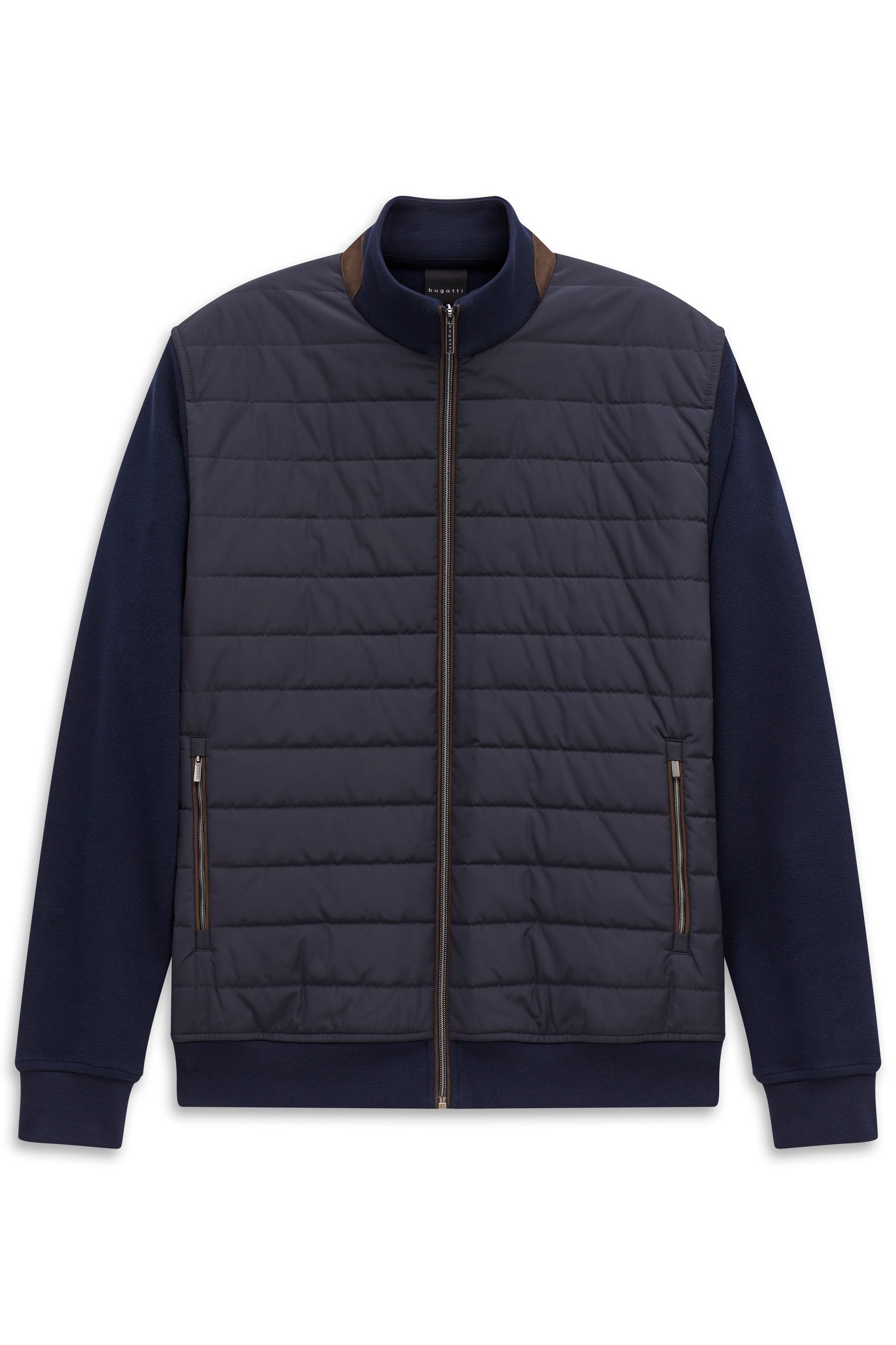 Blauer Stepp-Blouson von bugatti, Büstenbild, stilvoll und zeitlos, mit braunen Lederakzenten.