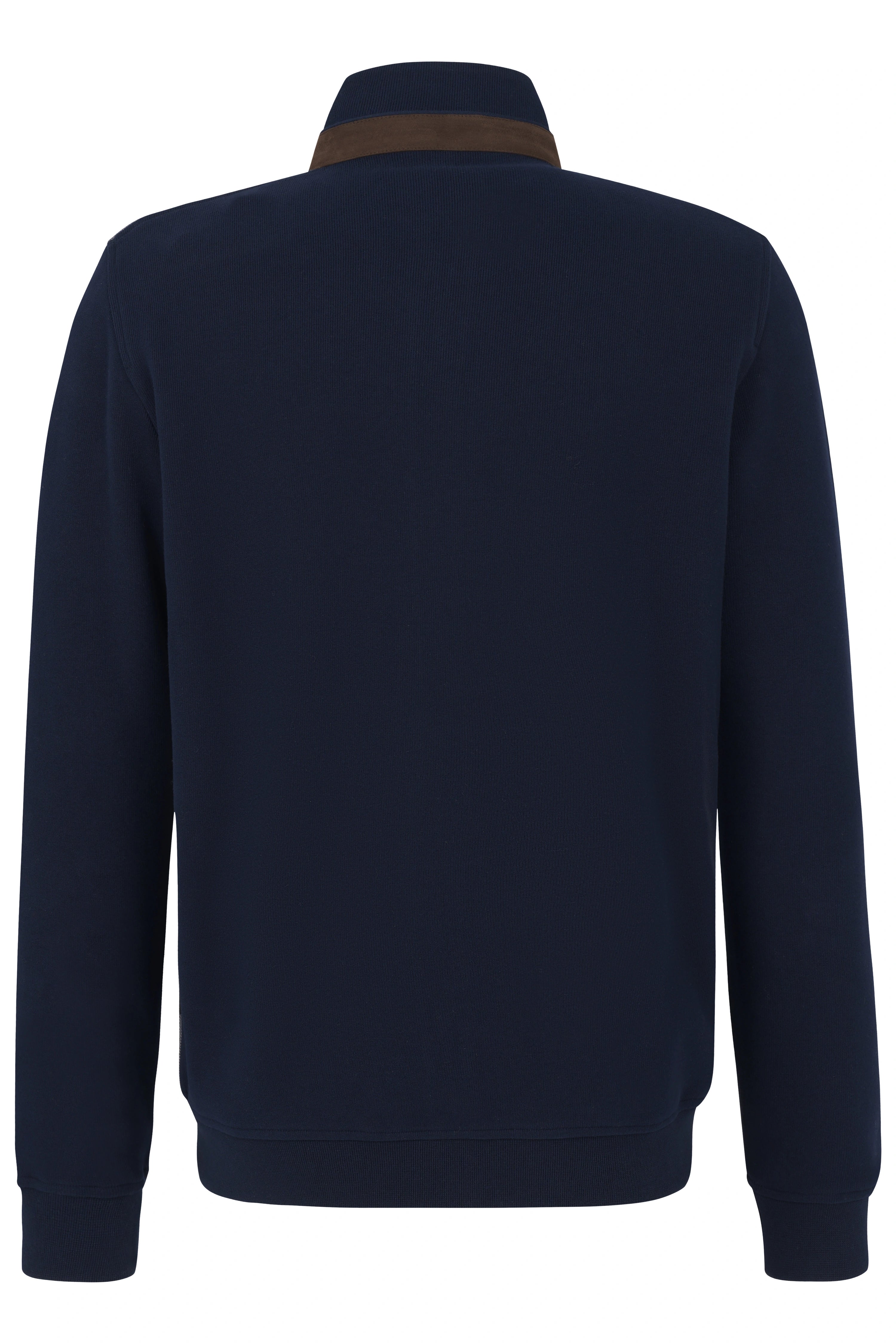 Dunkelblauer bugatti Pullover Rückansicht, legeres Design, Büstenbild.