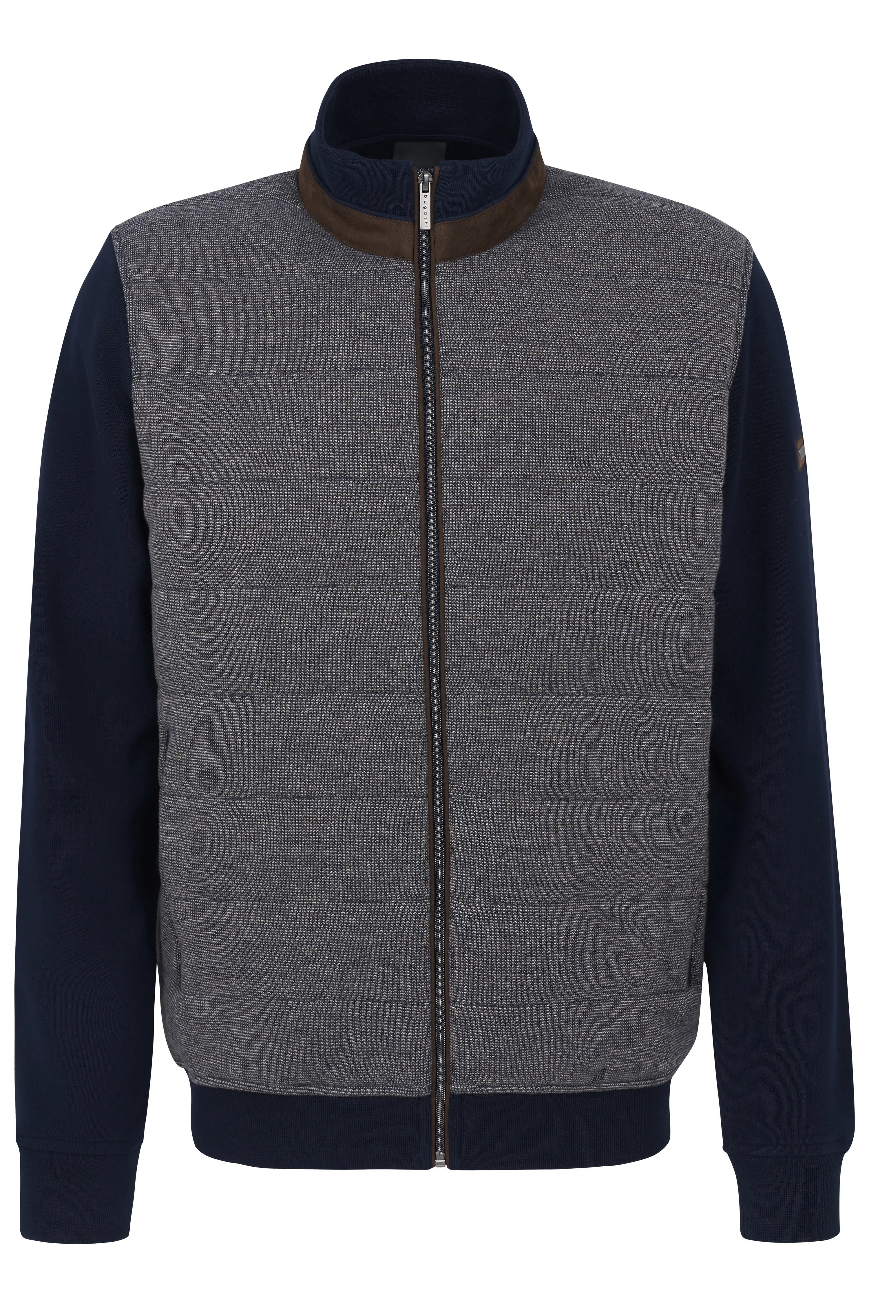 Graue und blaue bugatti Herrenjacke, Büstenbild, sportlich-elegant, Stehkragen, Reißverschluss.