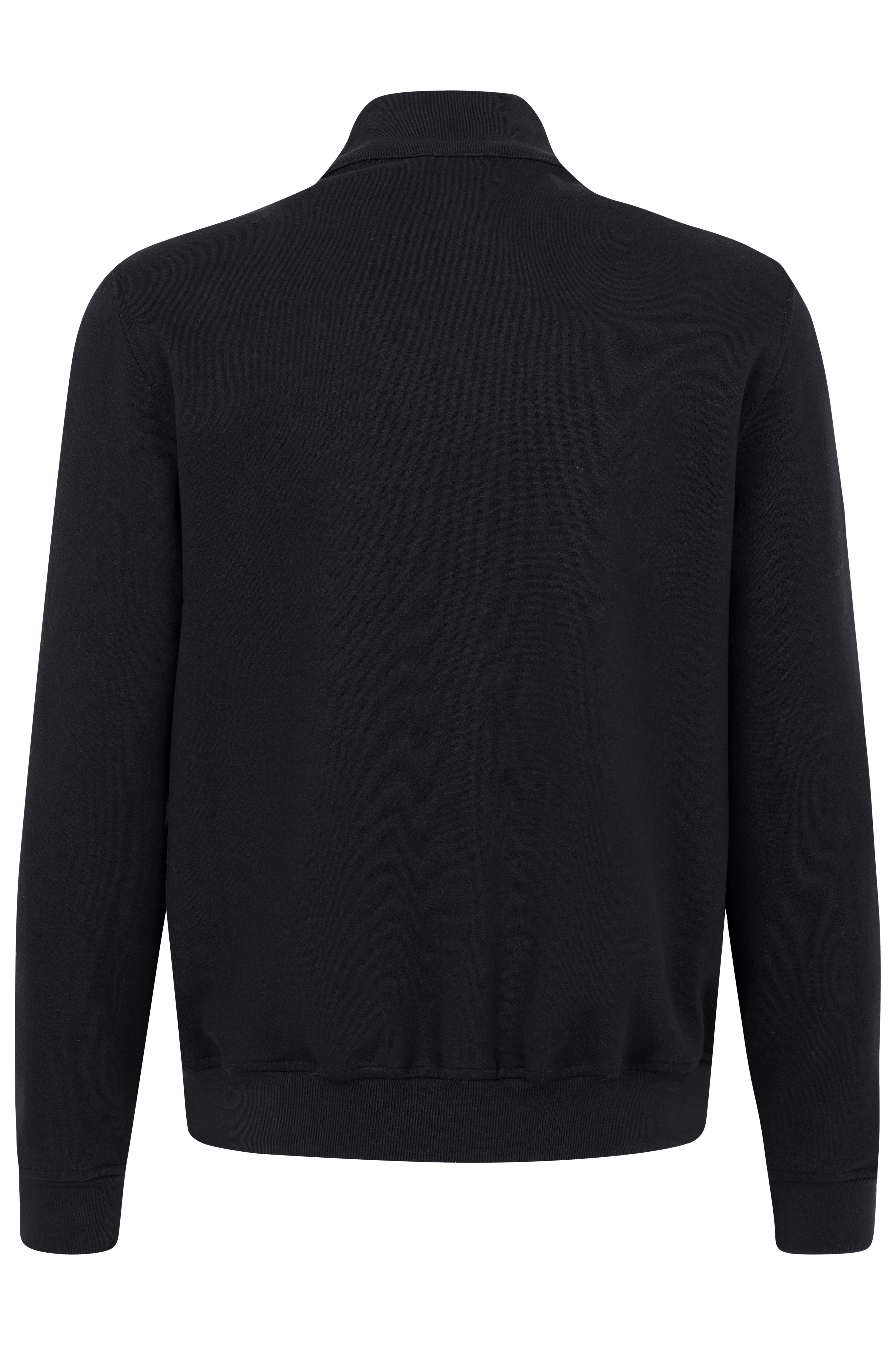 Schwarzer bugatti Pullover, Rückansicht, legeres Design, hoher Kragen, langärmlig, ohne Muster.
