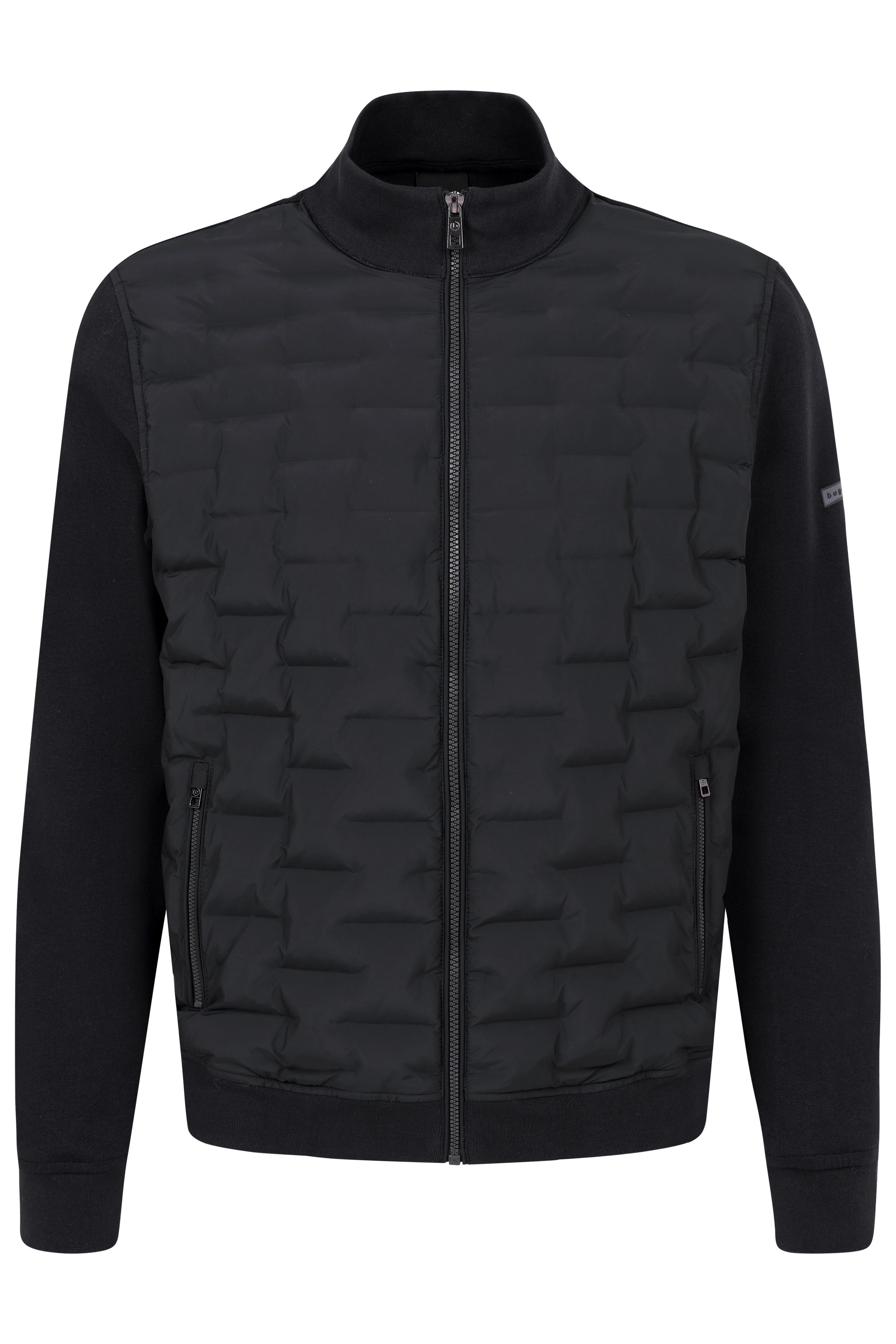 Schwarze bugatti Steppjacke, Büstenbild, Reißverschluss, sportlich-elegantes Design.