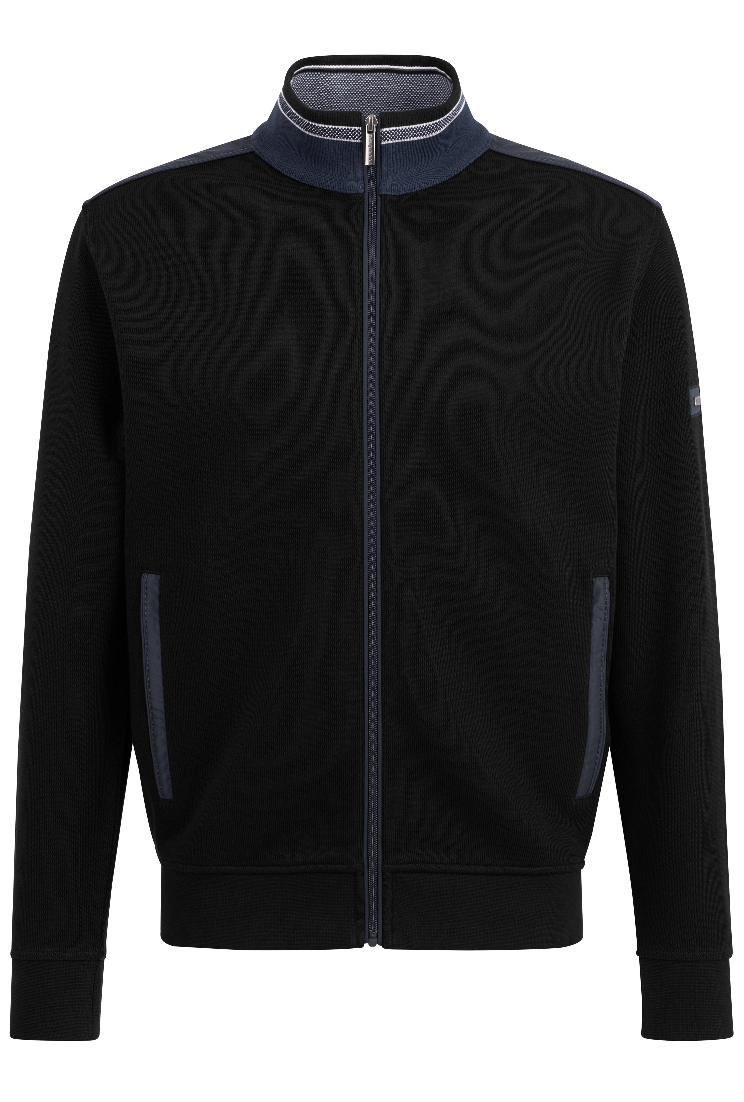 Schwarze bugatti-Jacke mit Stehkragen, Büstenbild, zeitloser Stil, hochwertiges Design.