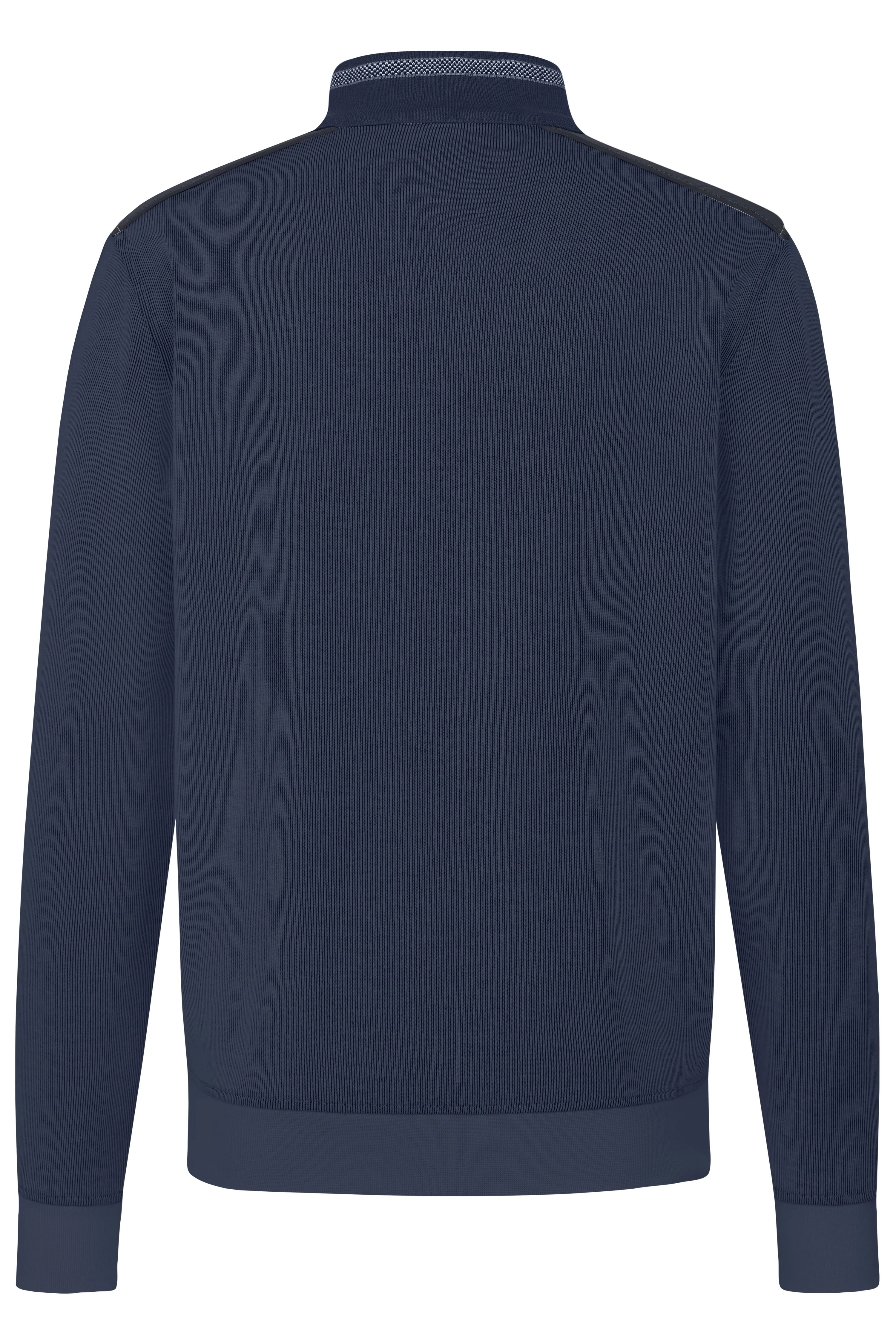 Blauer bugatti Pullover, Rückansicht, legeres Design, gerippte Struktur.