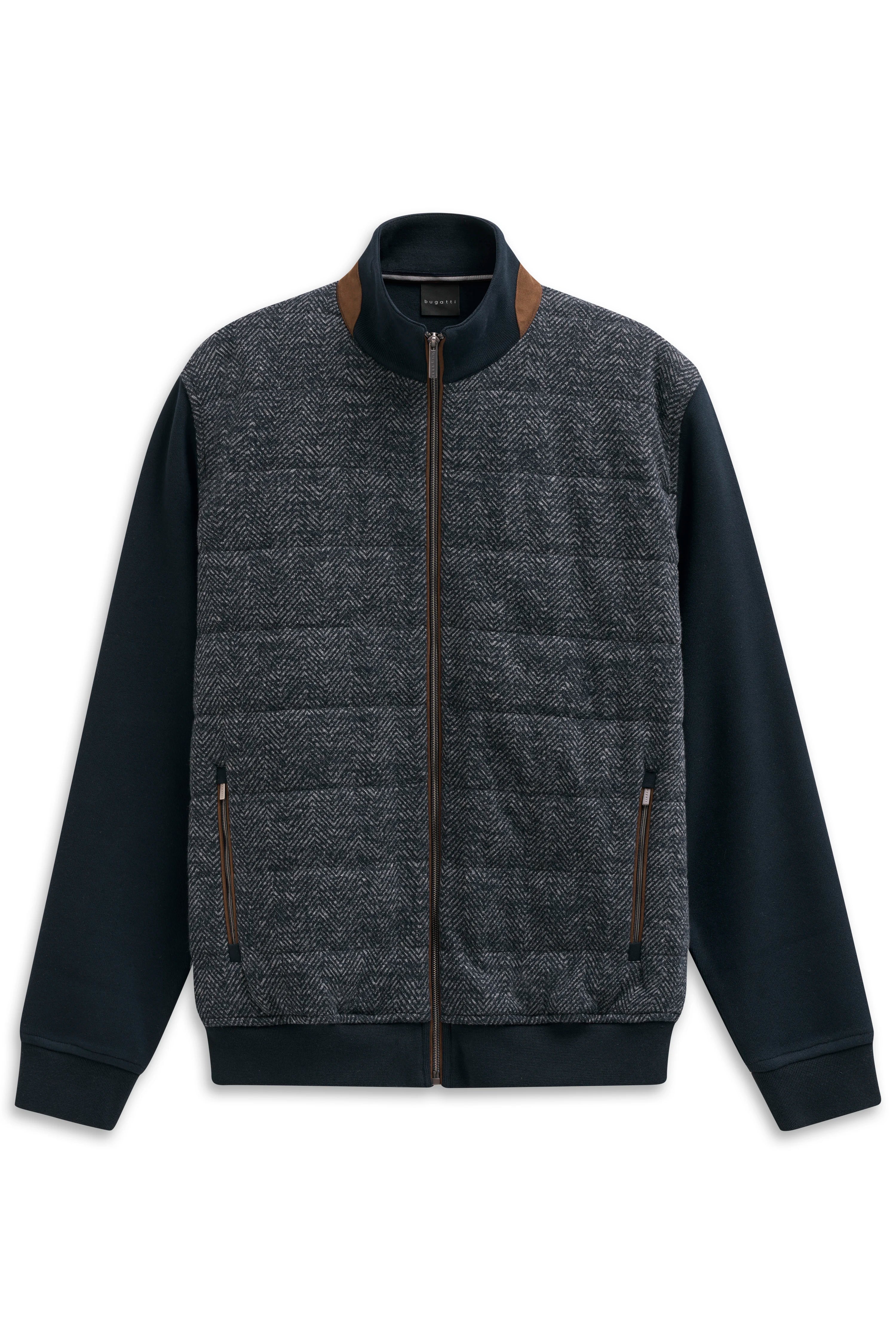 bugatti Herrenjacke, Büstenbild, graues Fischgrätmuster, navy Ärmel, braune Details, stilvoll und zeitlos.