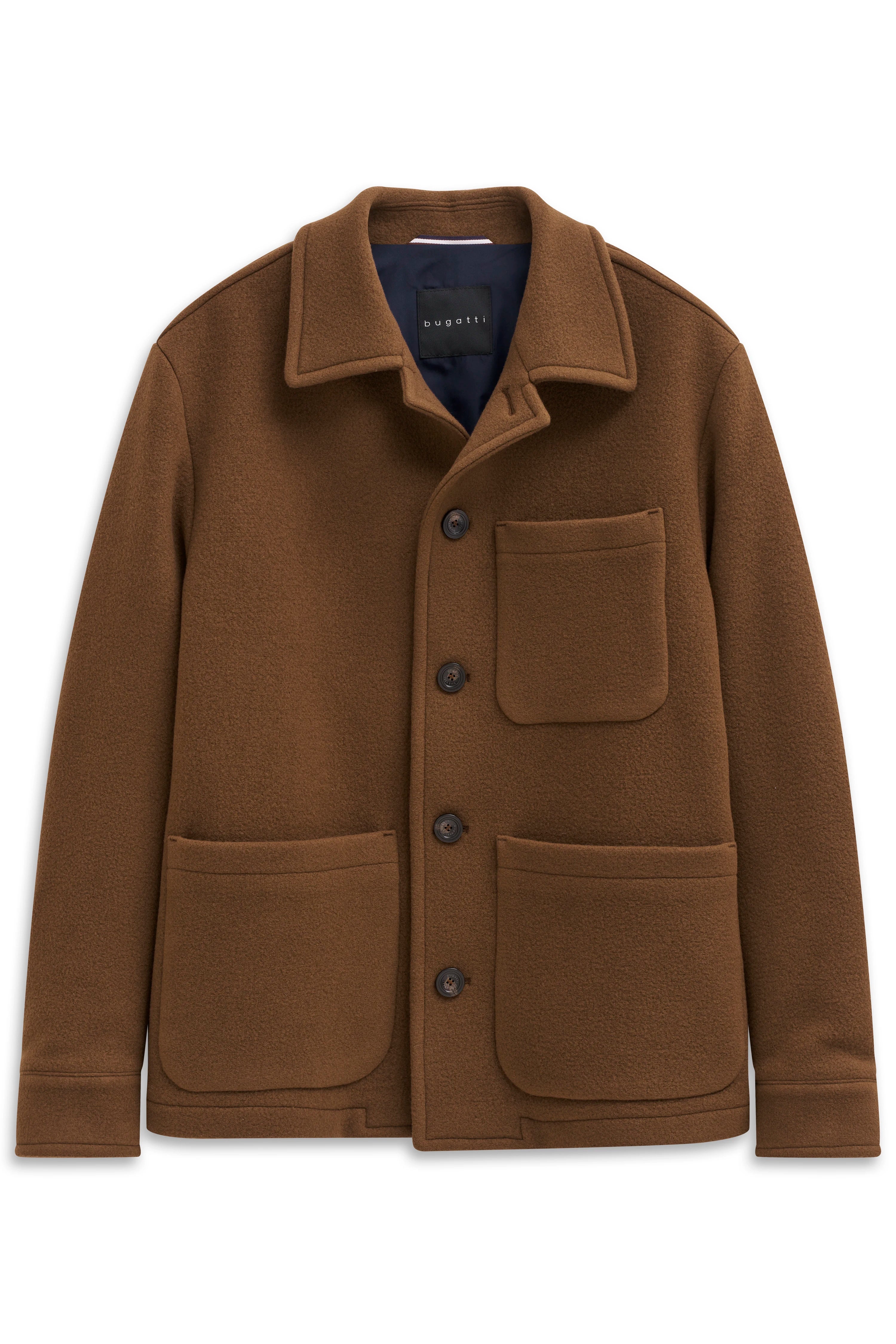 Braune bugatti Jacke mit Knopfleiste, auf Bügel fotografiert, elegantes Design mit Taschen.