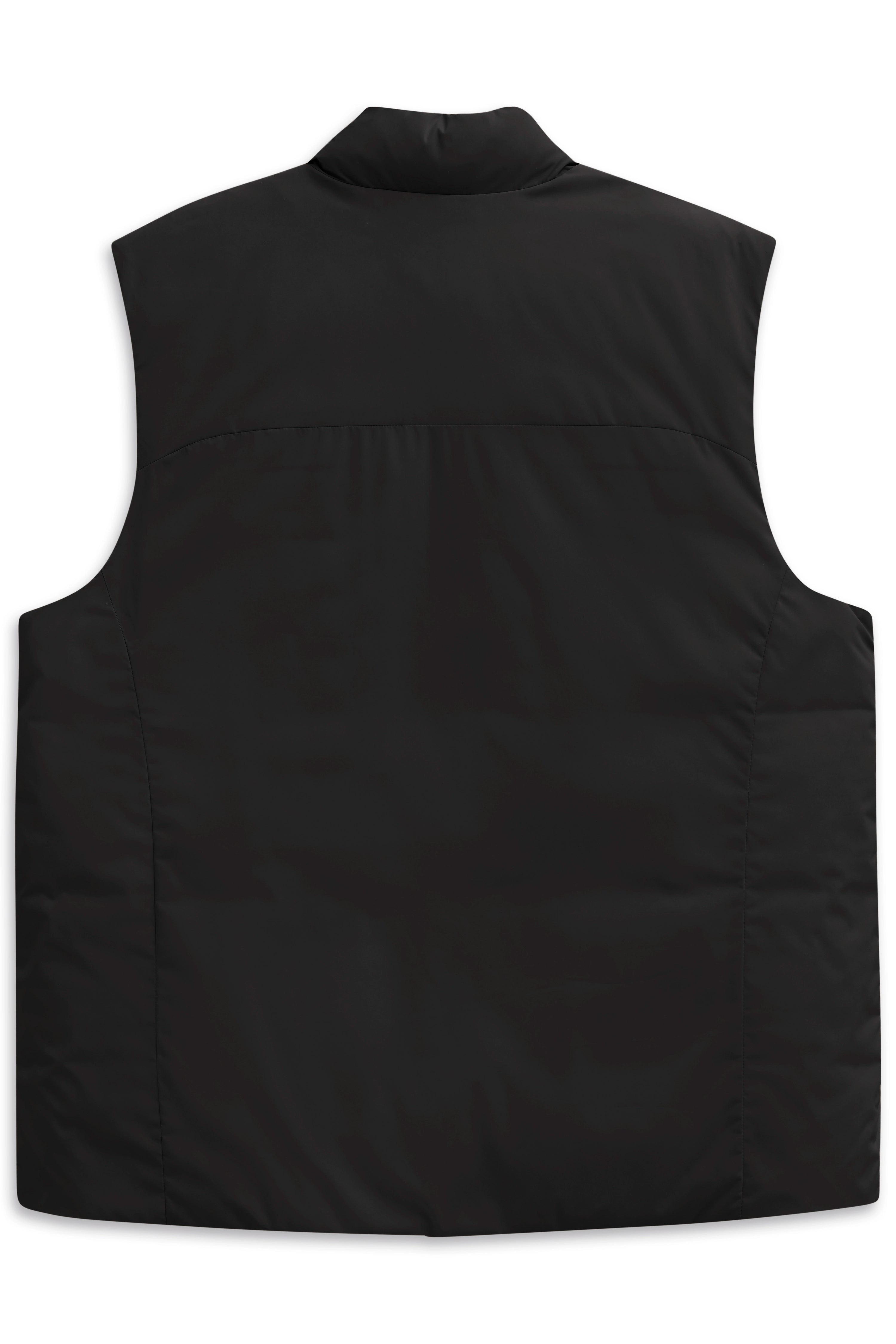 Zwarte bugatti bodywarmer, achterkant, eenvoudig ontwerp, busteshot.