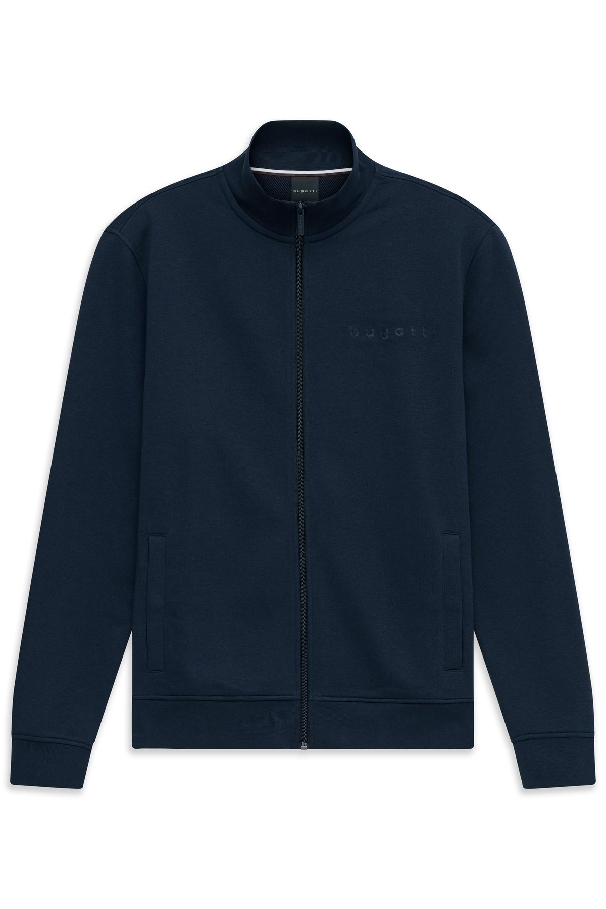 Dunkelblaue bugatti Jacke, Büstenbild, Reißverschluss, minimalistisches Design.