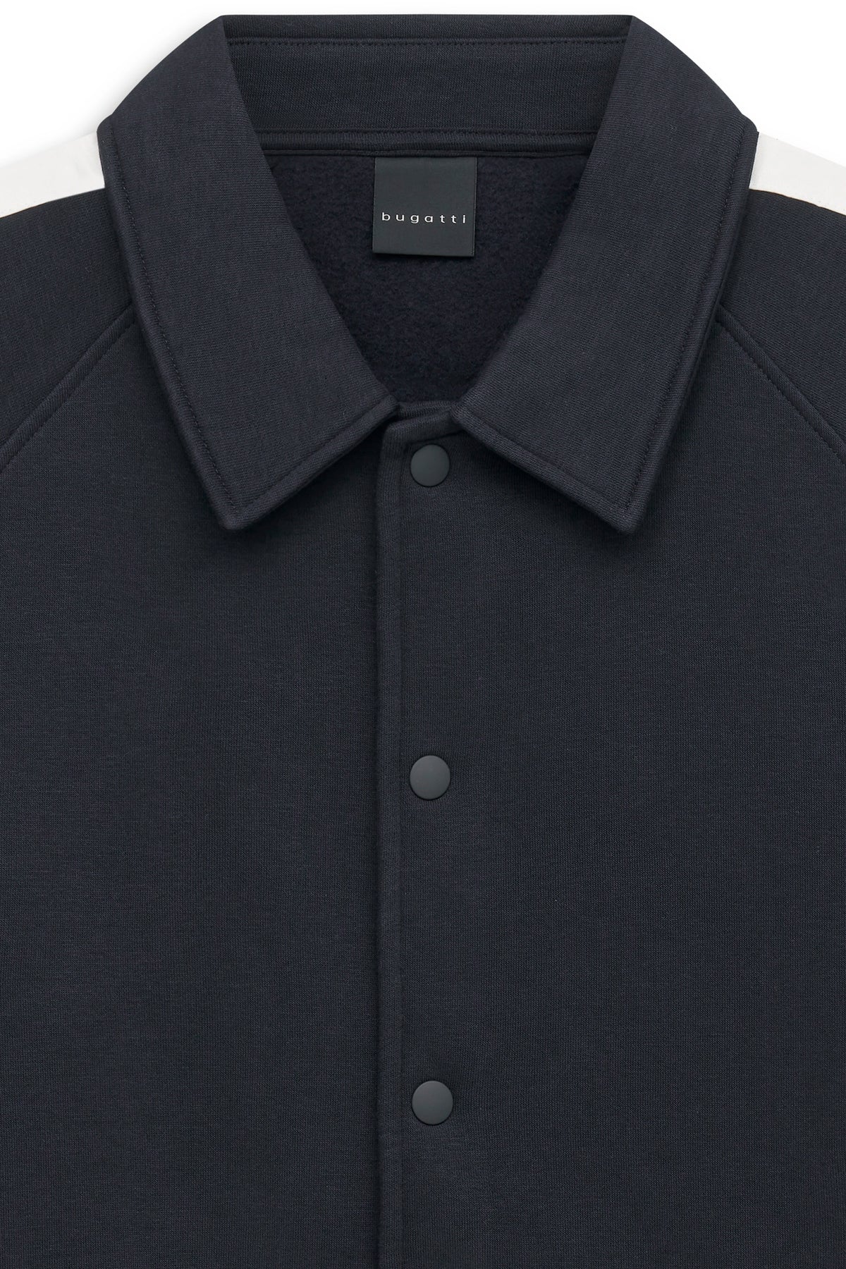 Navy Jacke von bugatti mit weißen Streifen, Büstenbild, sportlich-elegant.