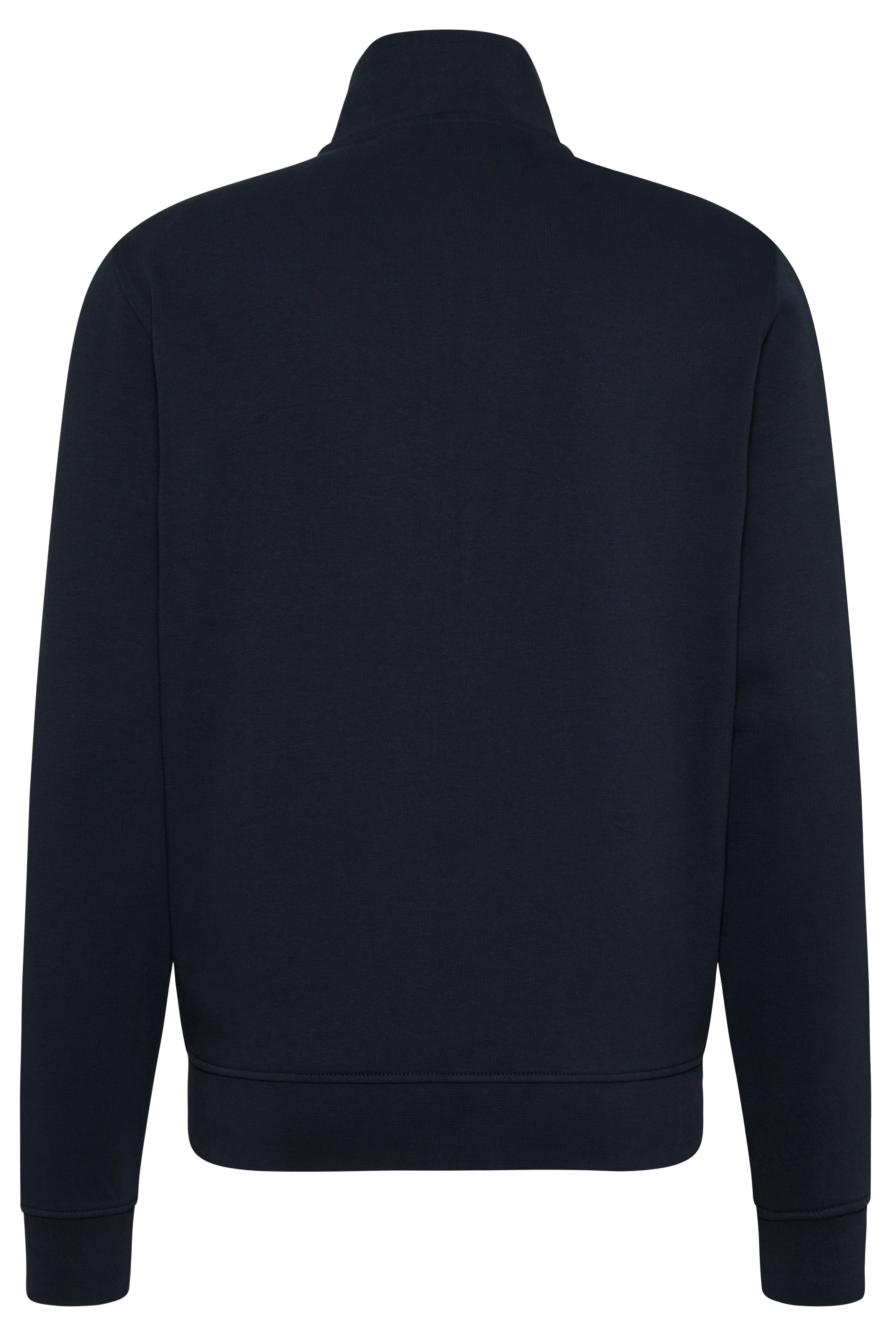 Navy blauer bugatti Pullover, Rückansicht, schlichtes Design, legeres Büstenbild.