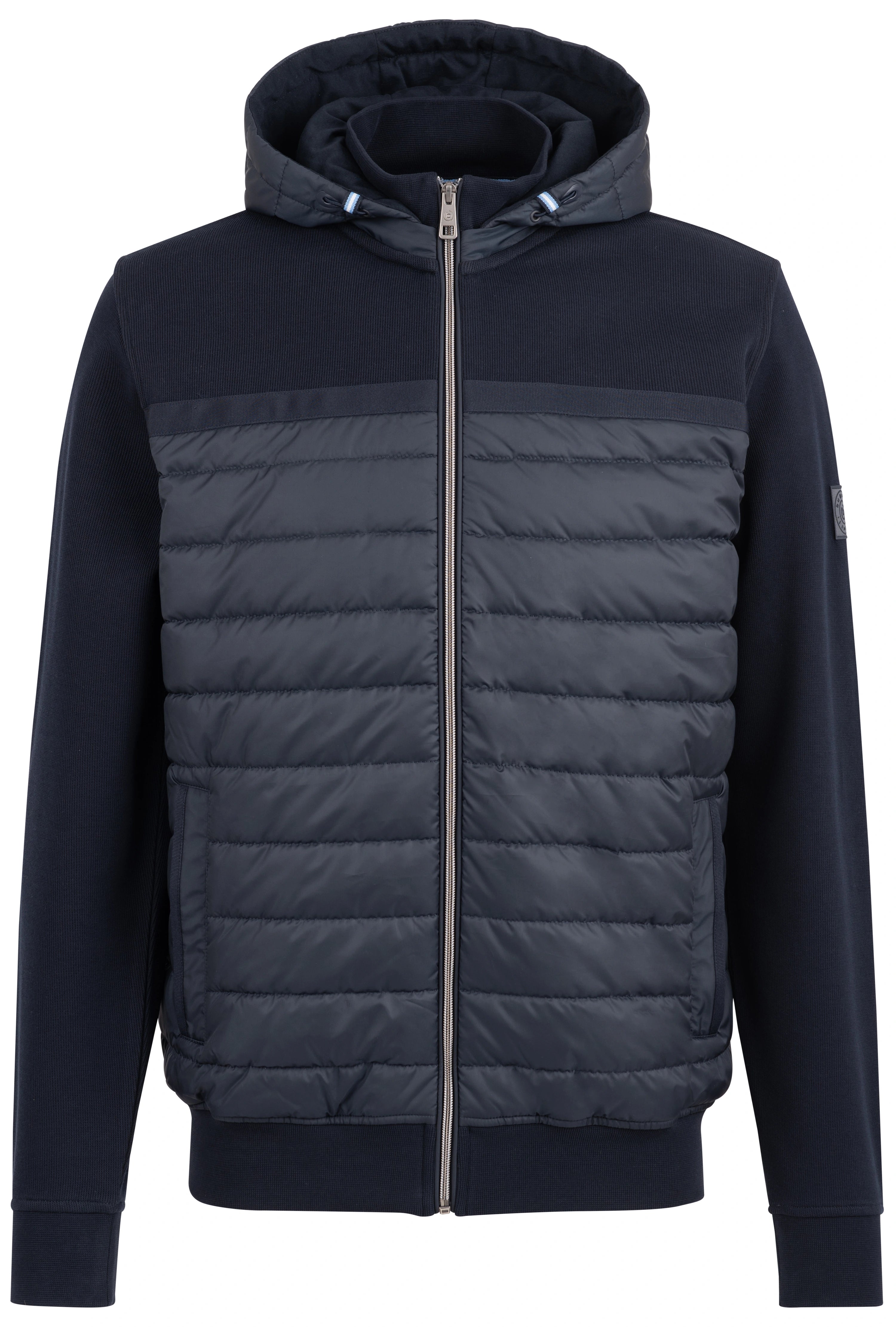 Dunkelblaue bugatti Steppjacke mit Kapuze, Büstenbild, stilvoll und zeitlos.