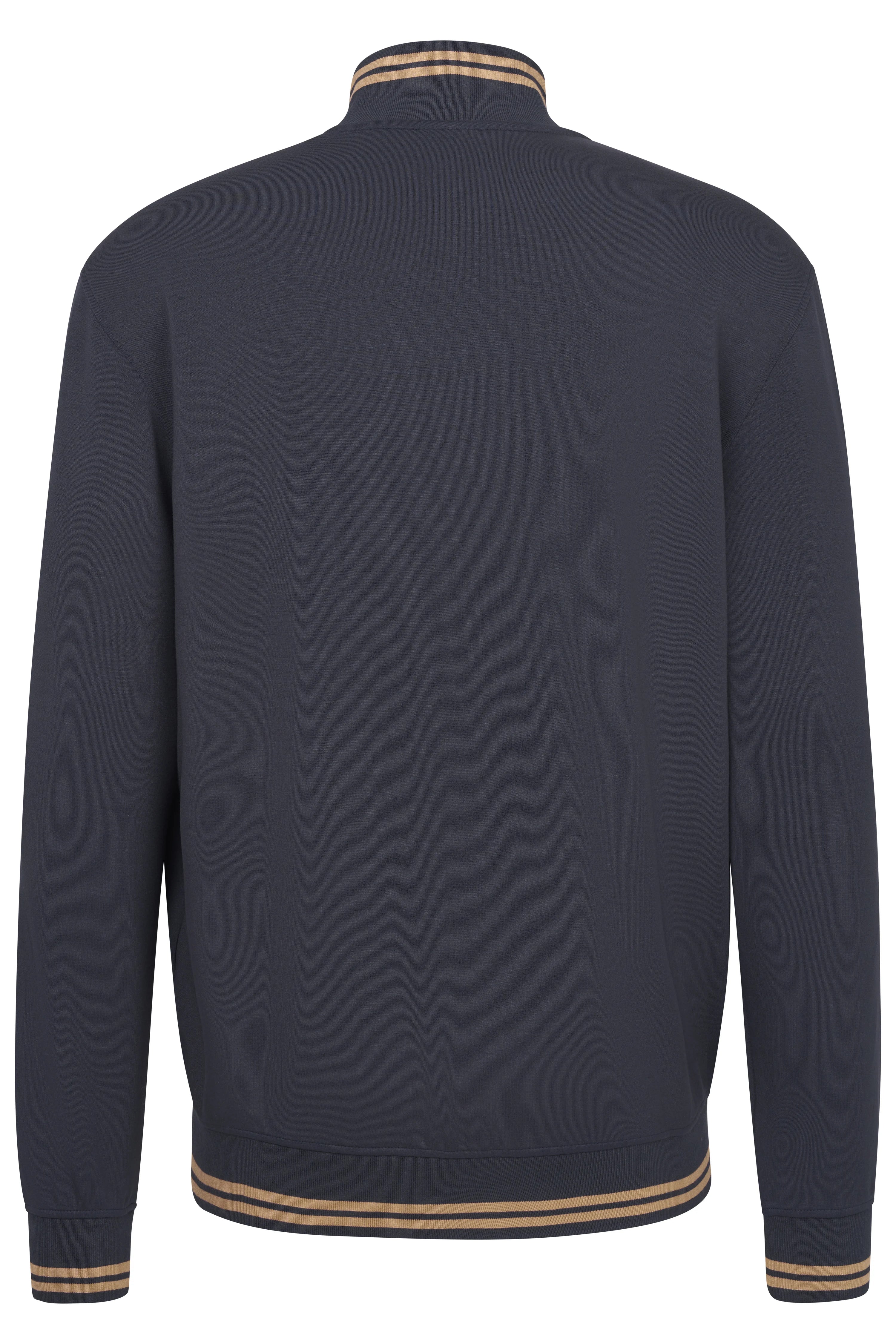 Dunkelblaue bugatti Jacke mit beigen Streifen am Kragen und Bündchen, Rückansicht, legeres Design.