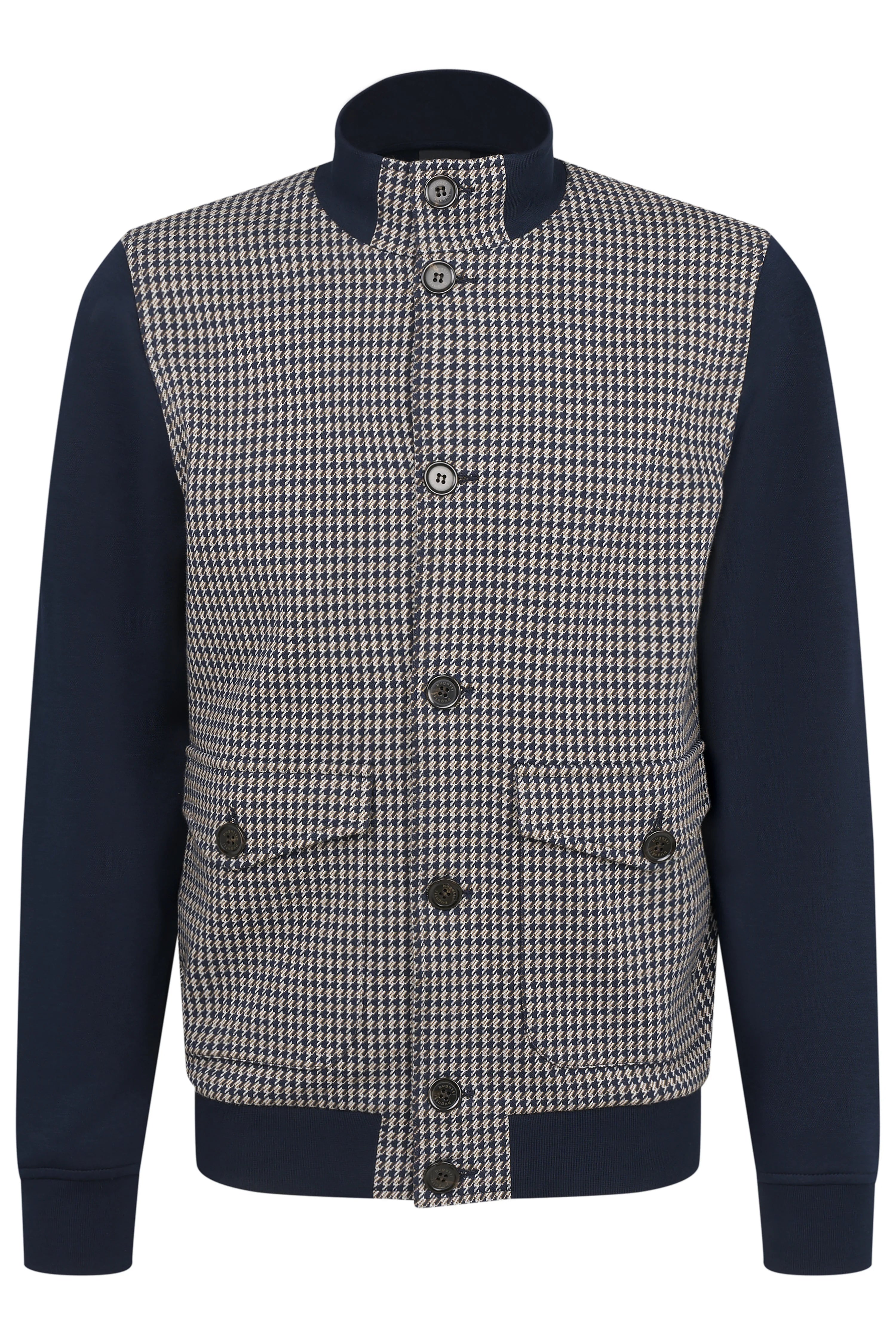 Blau-graue bugatti Jacke mit Hahnentrittmuster, Büstenbild.
