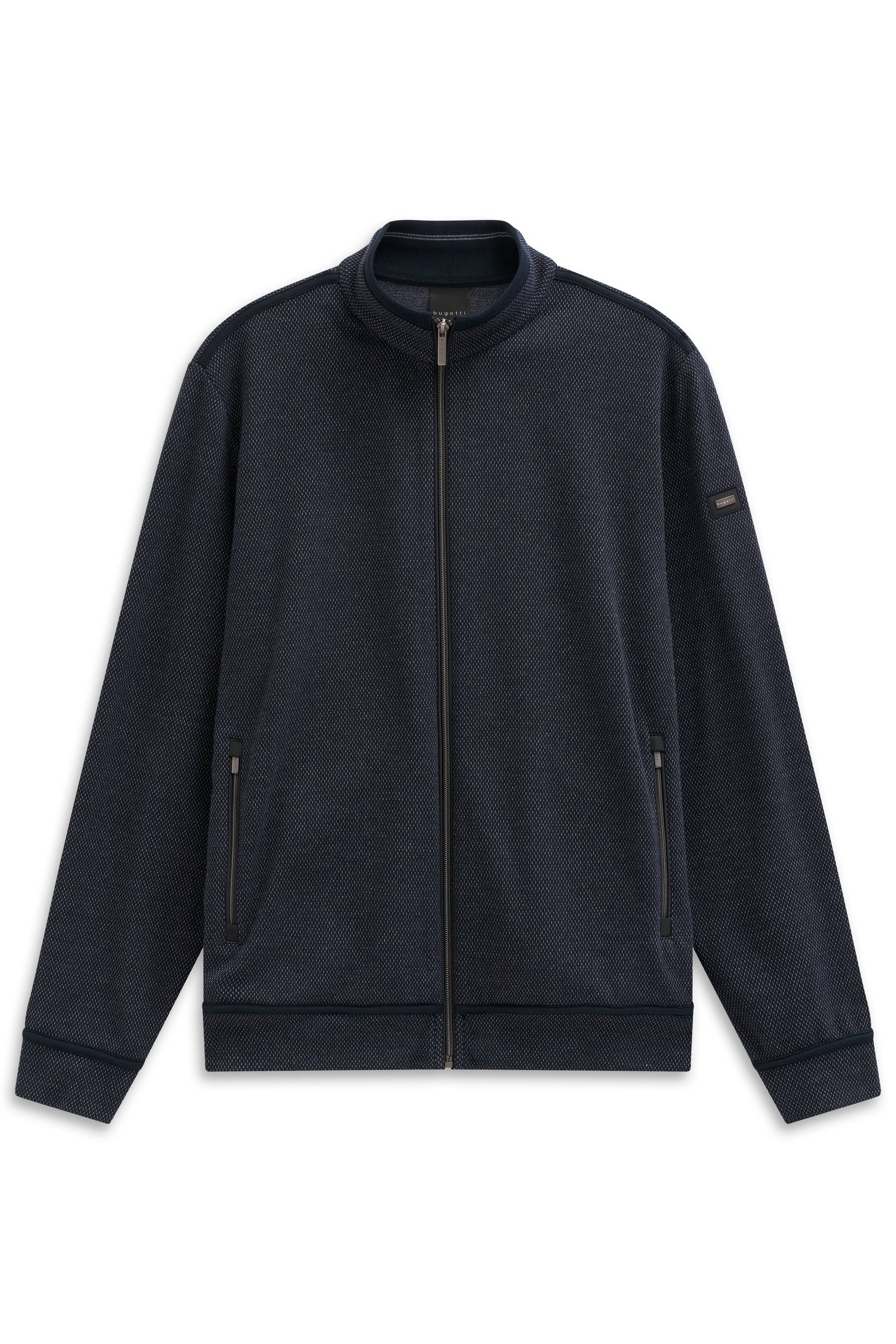 Dunkelblaue bugatti Jacke, Büstenbild, mit Reißverschluss und feinem Muster.