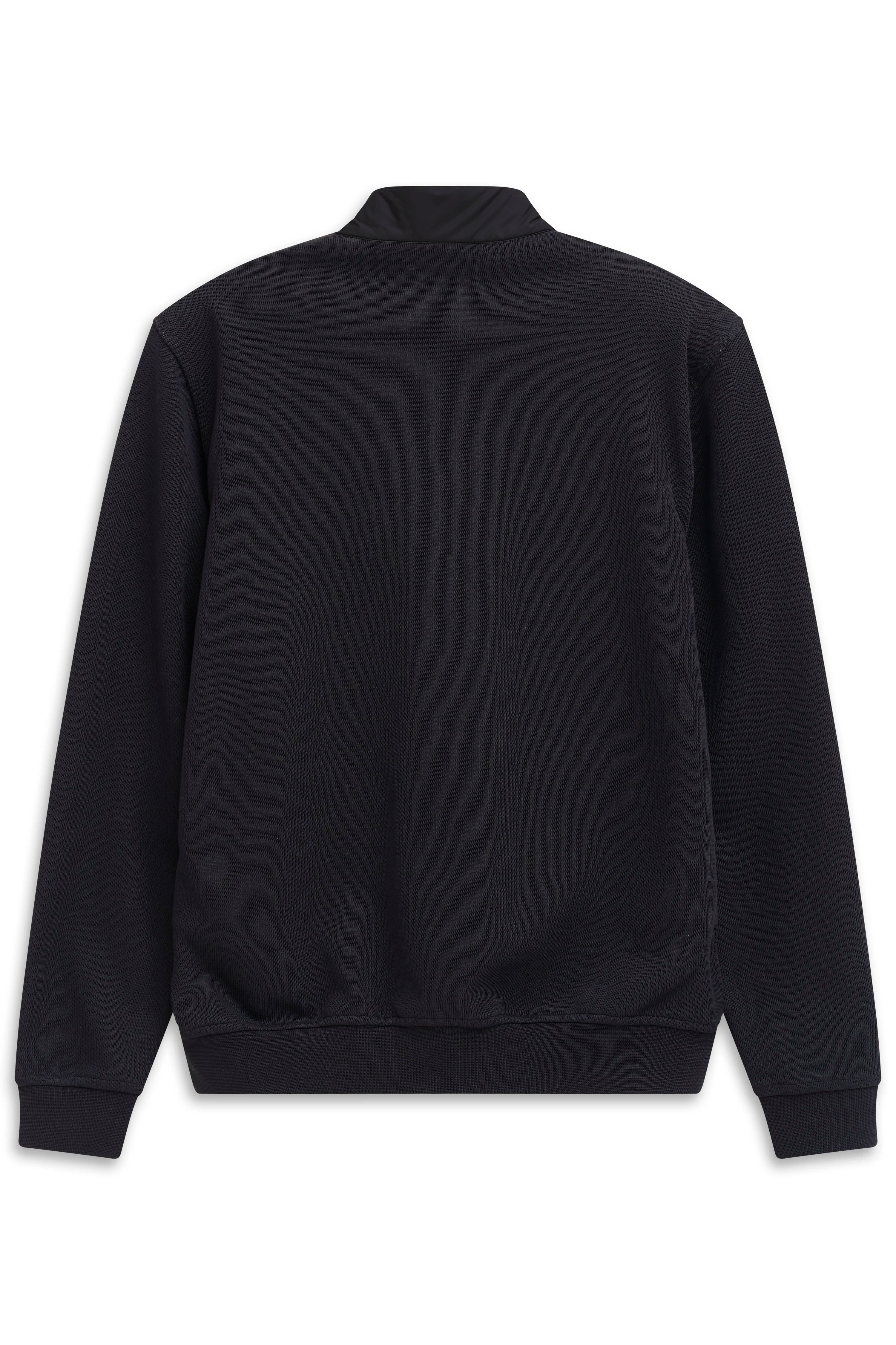 Schwarze bugatti Jacke, Rückansicht, legeres Büstenbild, minimalistisches Design.