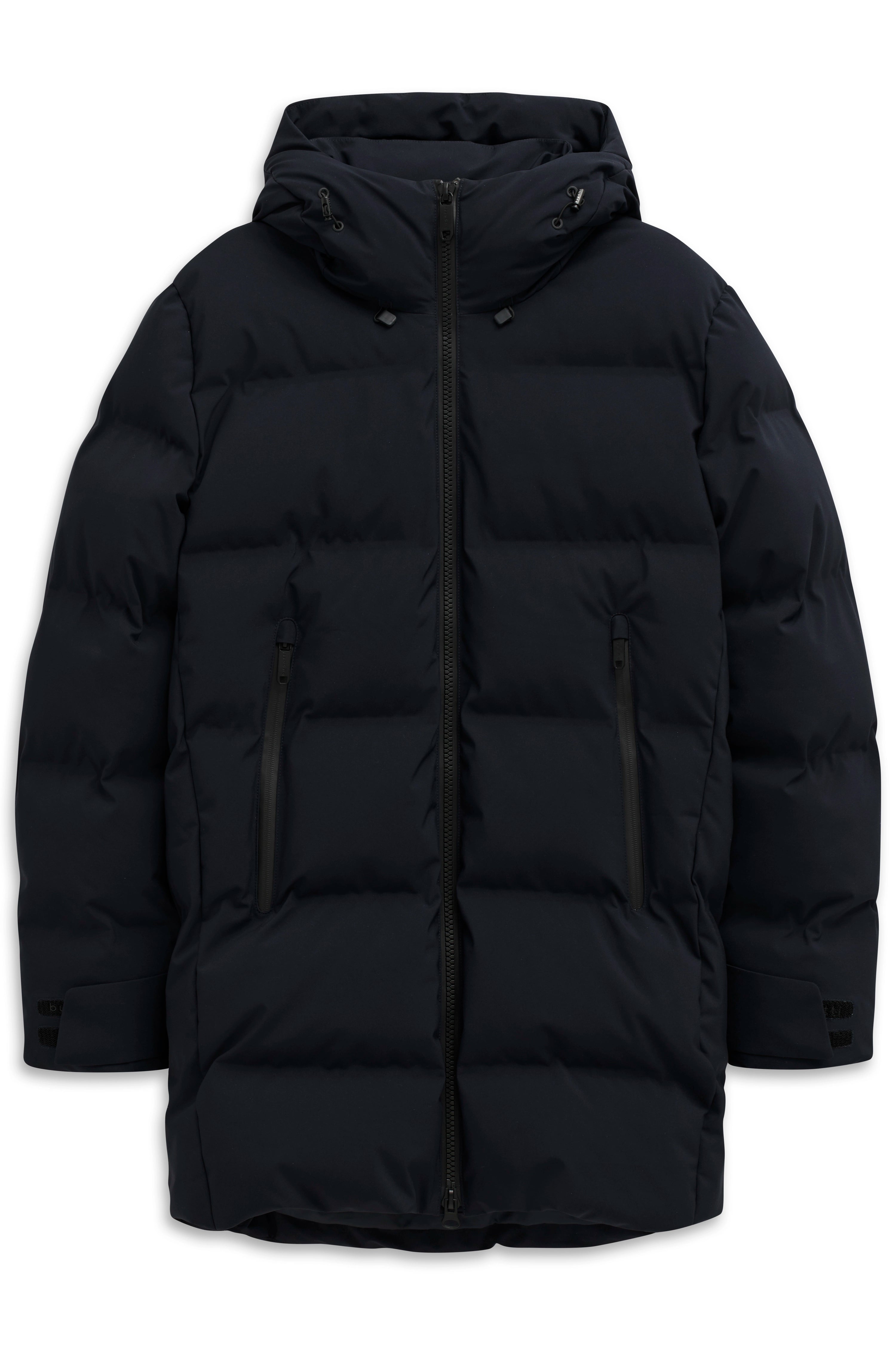 Schwarze bugatti Daunenjacke mit Kapuze, Büstenbild, schlichte Eleganz und zeitlose Wärme.