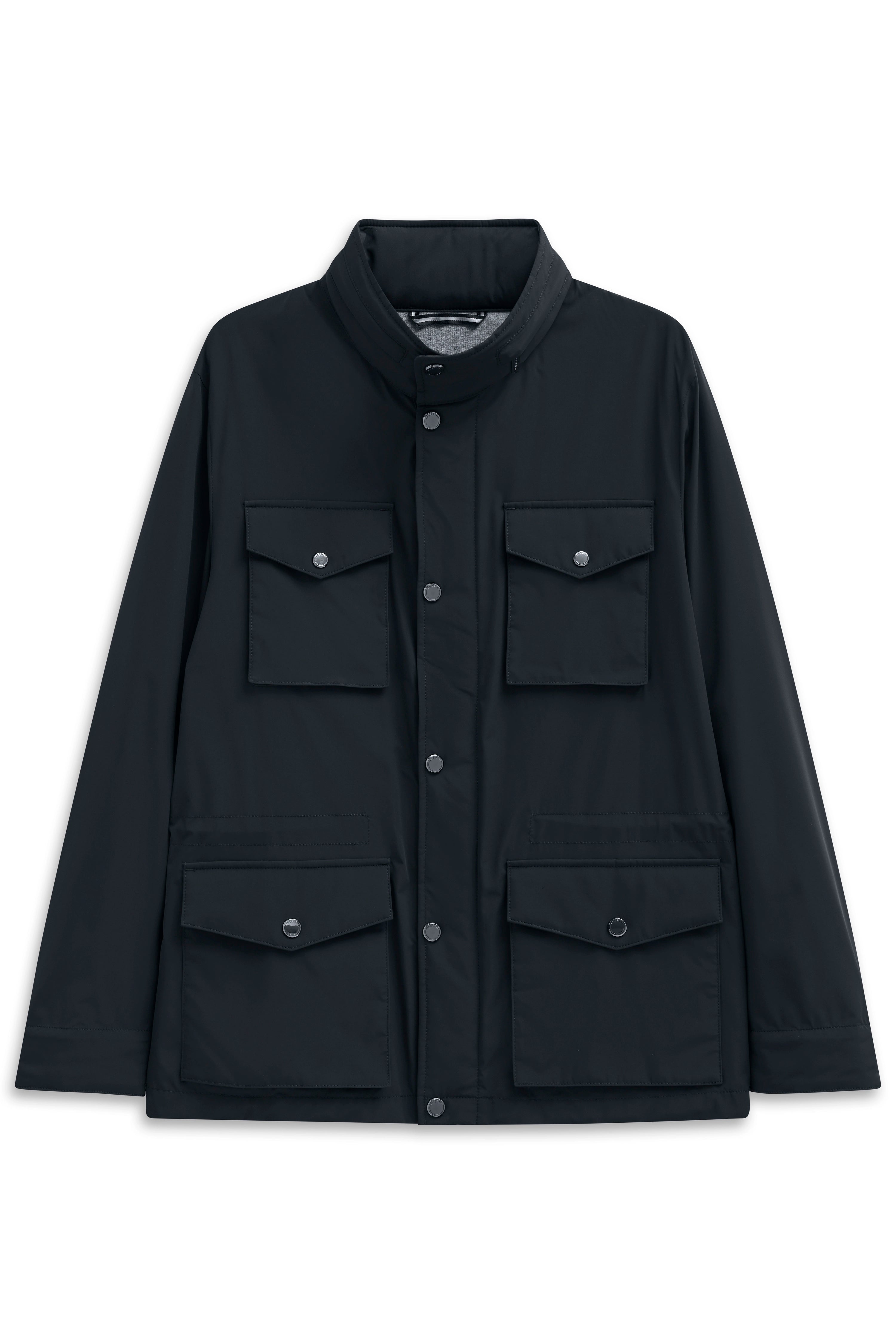 Schwarze bugatti Jacke mit vier Taschen, legerer Stil, Büstenansicht.