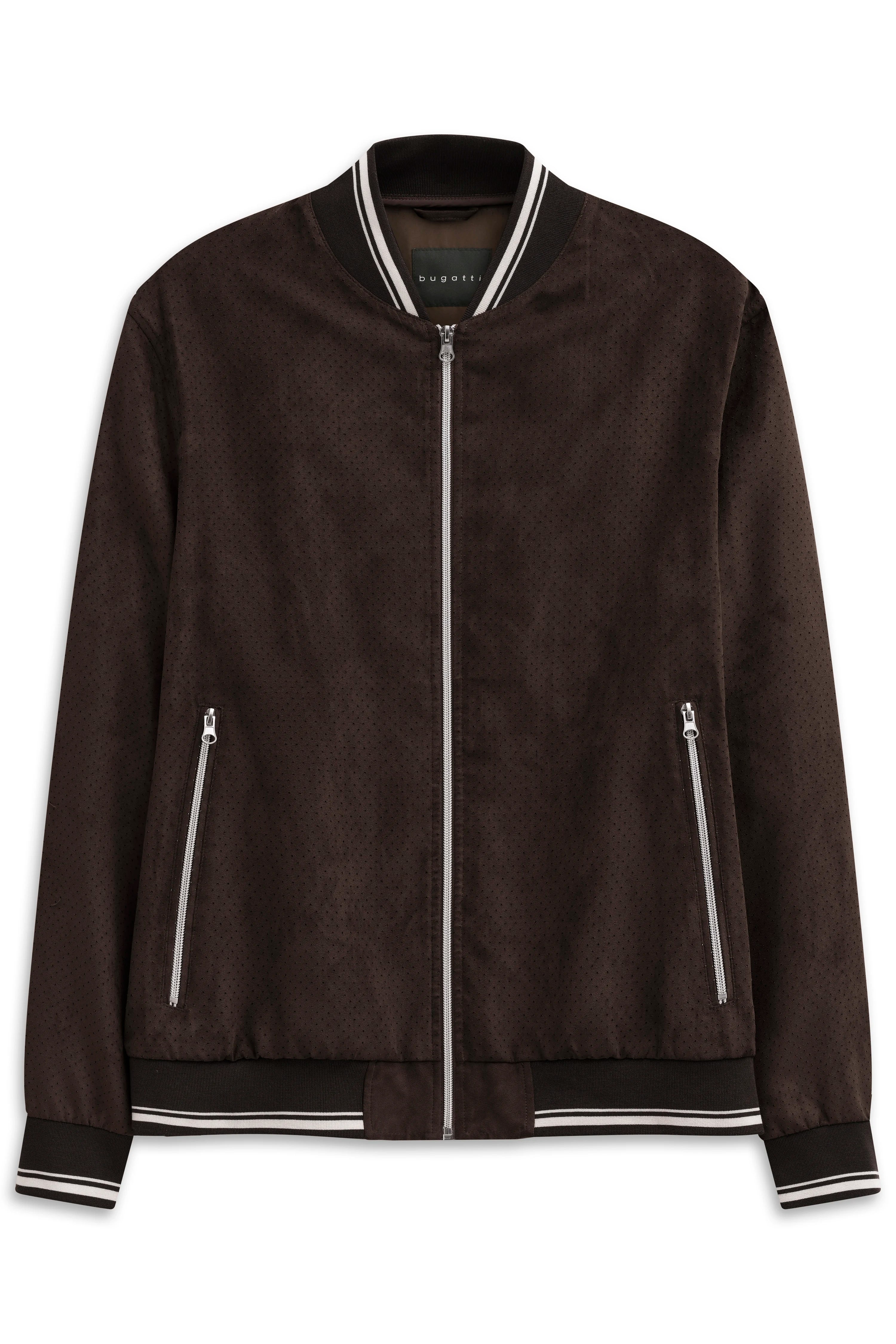 Braune bugatti Bomberjacke mit Reißverschluss, Büstenbild, sportlich-elegantes Design, gestreifte Bündchen.