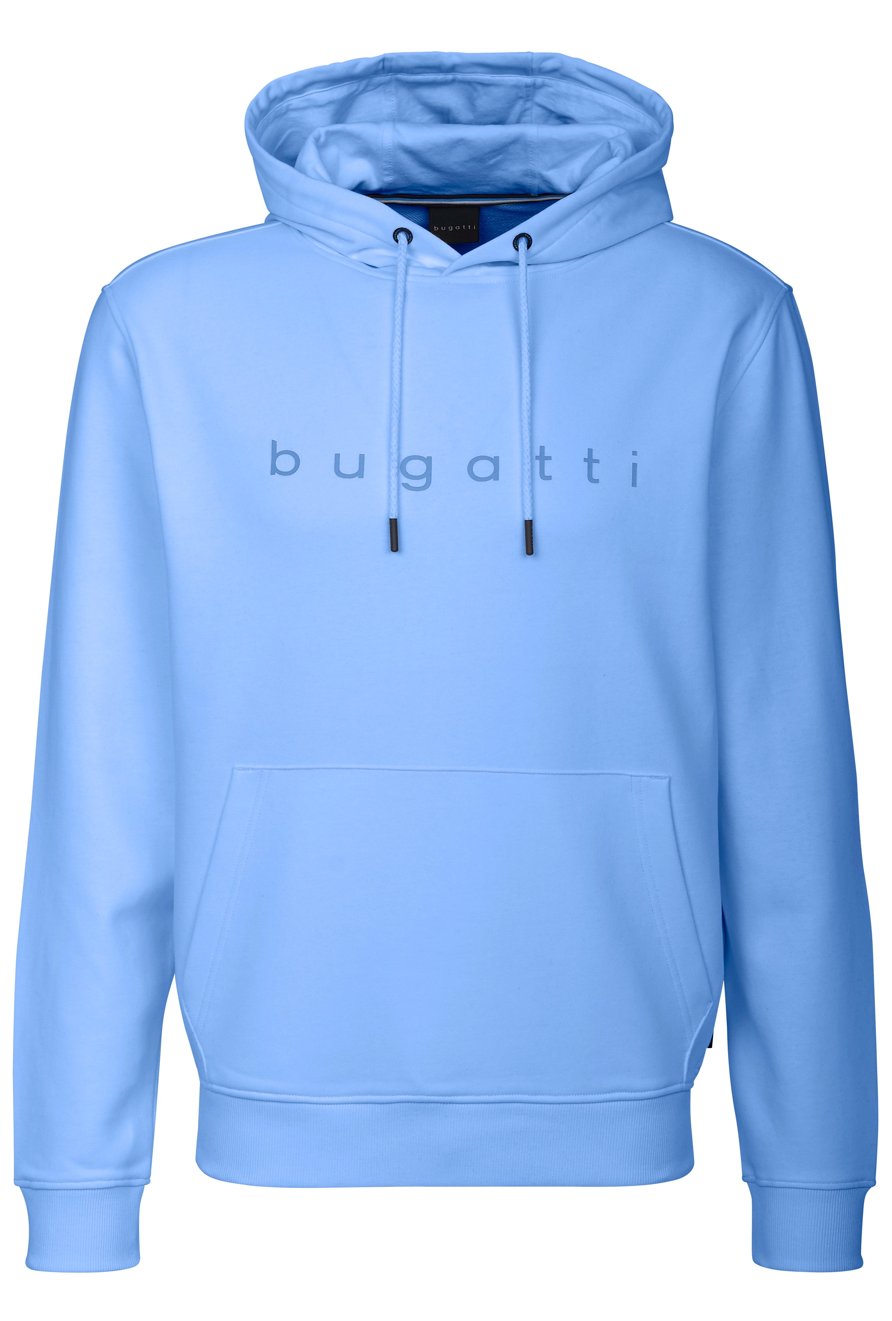 Hellblauer bugatti Hoodie mit Logo, legeres Büstenbild.