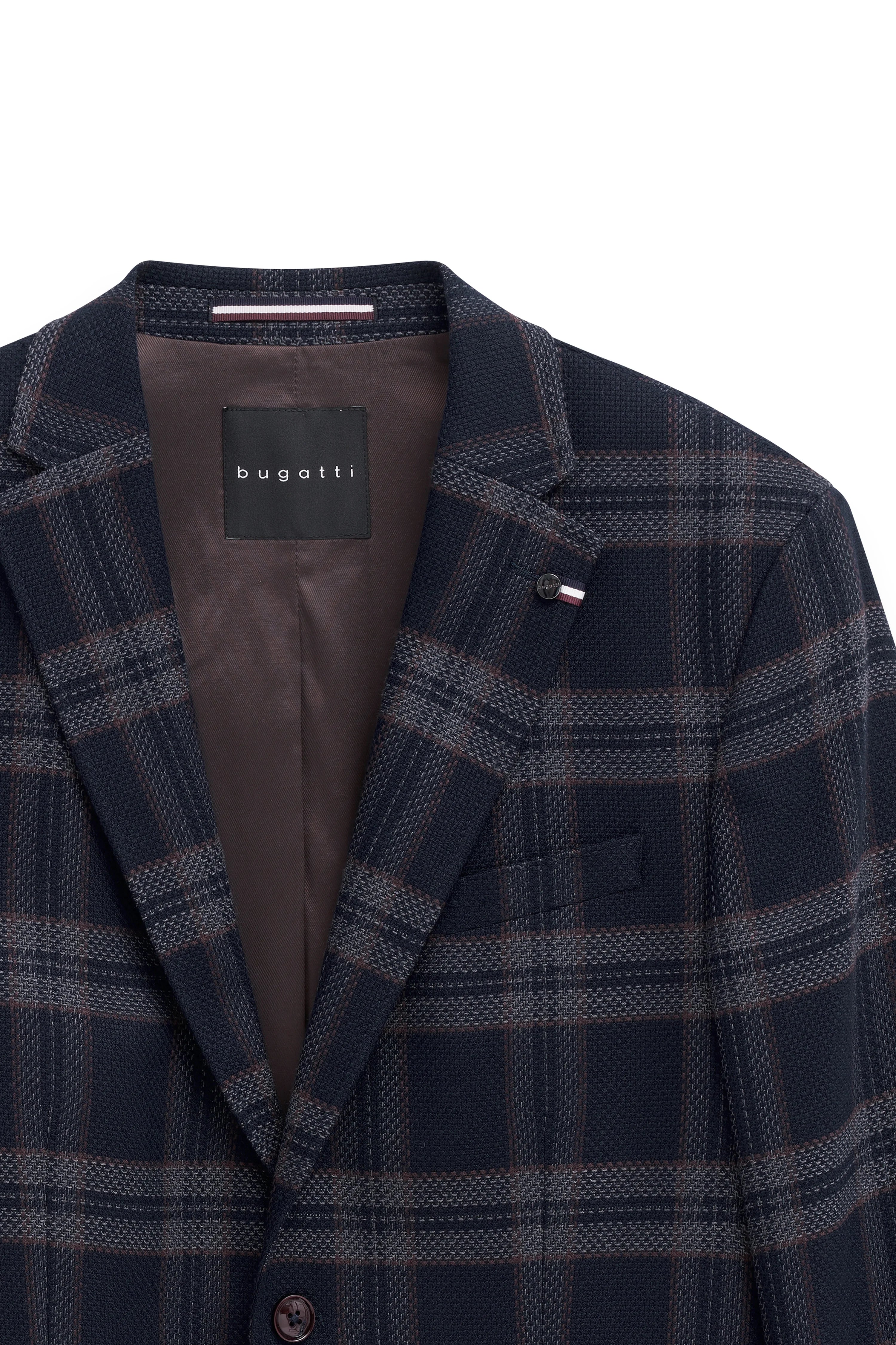 bugatti blazer, checkered, dark blue, brown, bust portrait, sophisticated design, classic elegance.