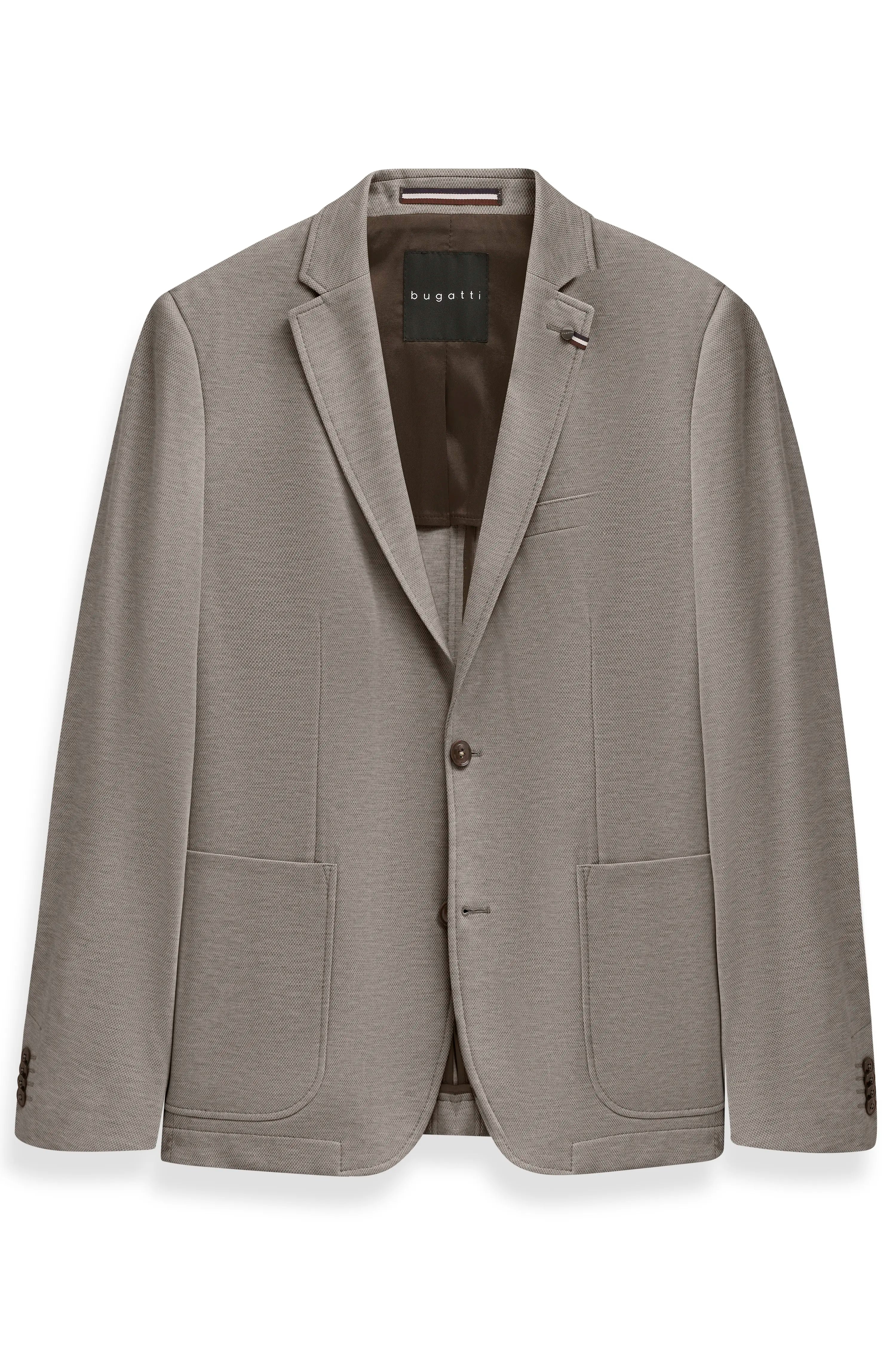 Grey mottled bugatti blazer, bust view, classic cut, two buttons, elegant details.