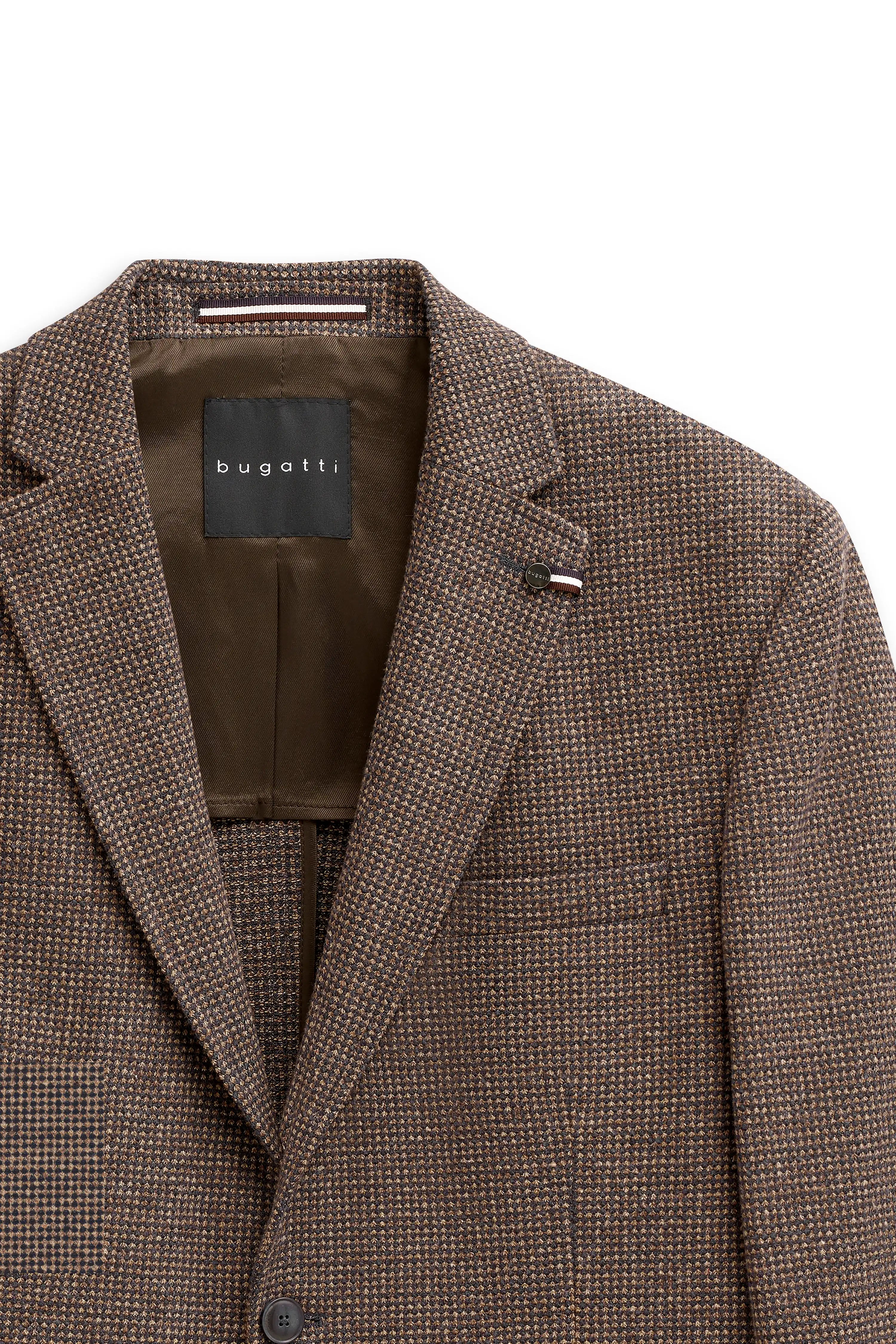 bugatti blazer, brown checkered, bust shot, elegant texture, timeless style.