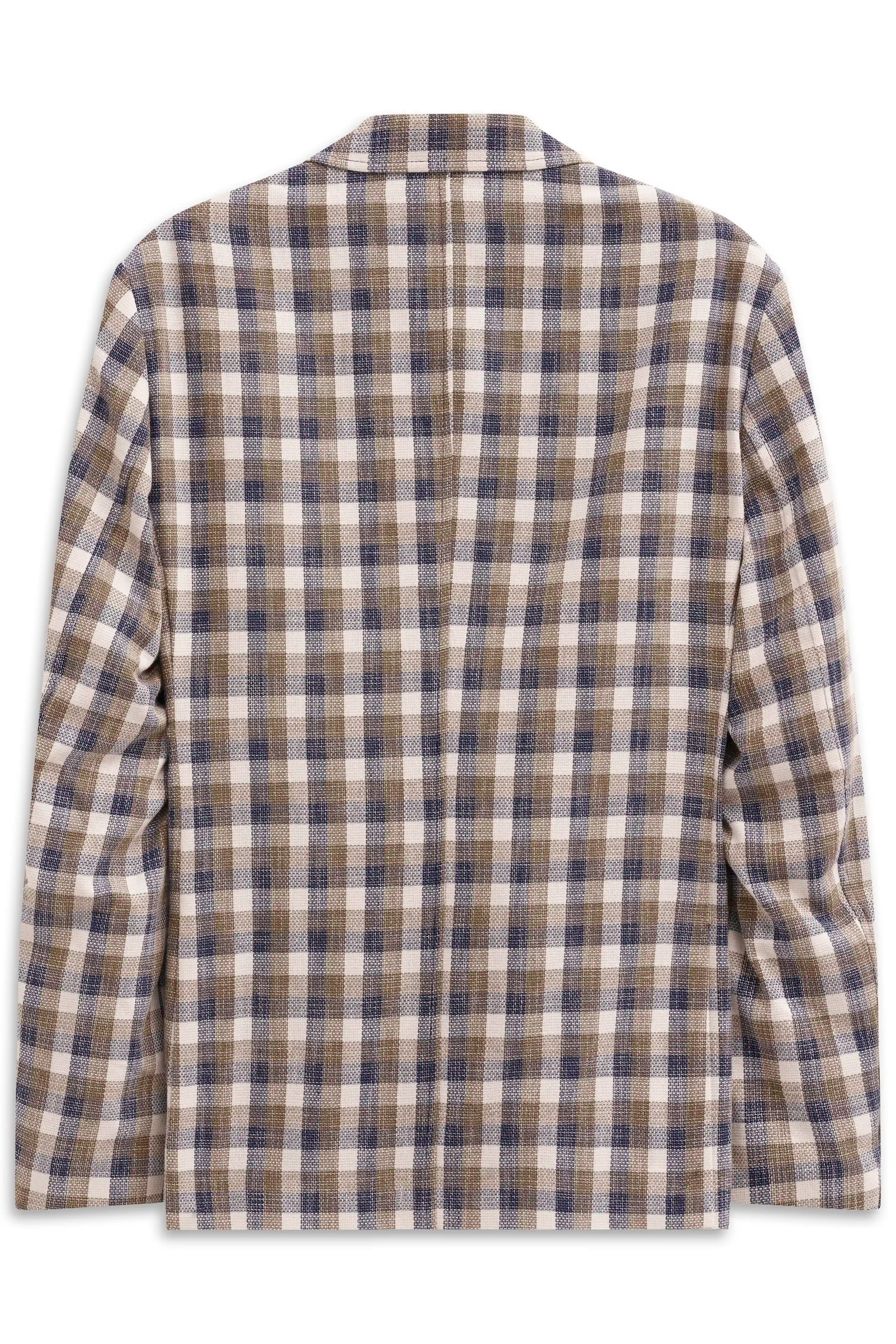bugatti checked blazer in beige and blue, back view, bust image.