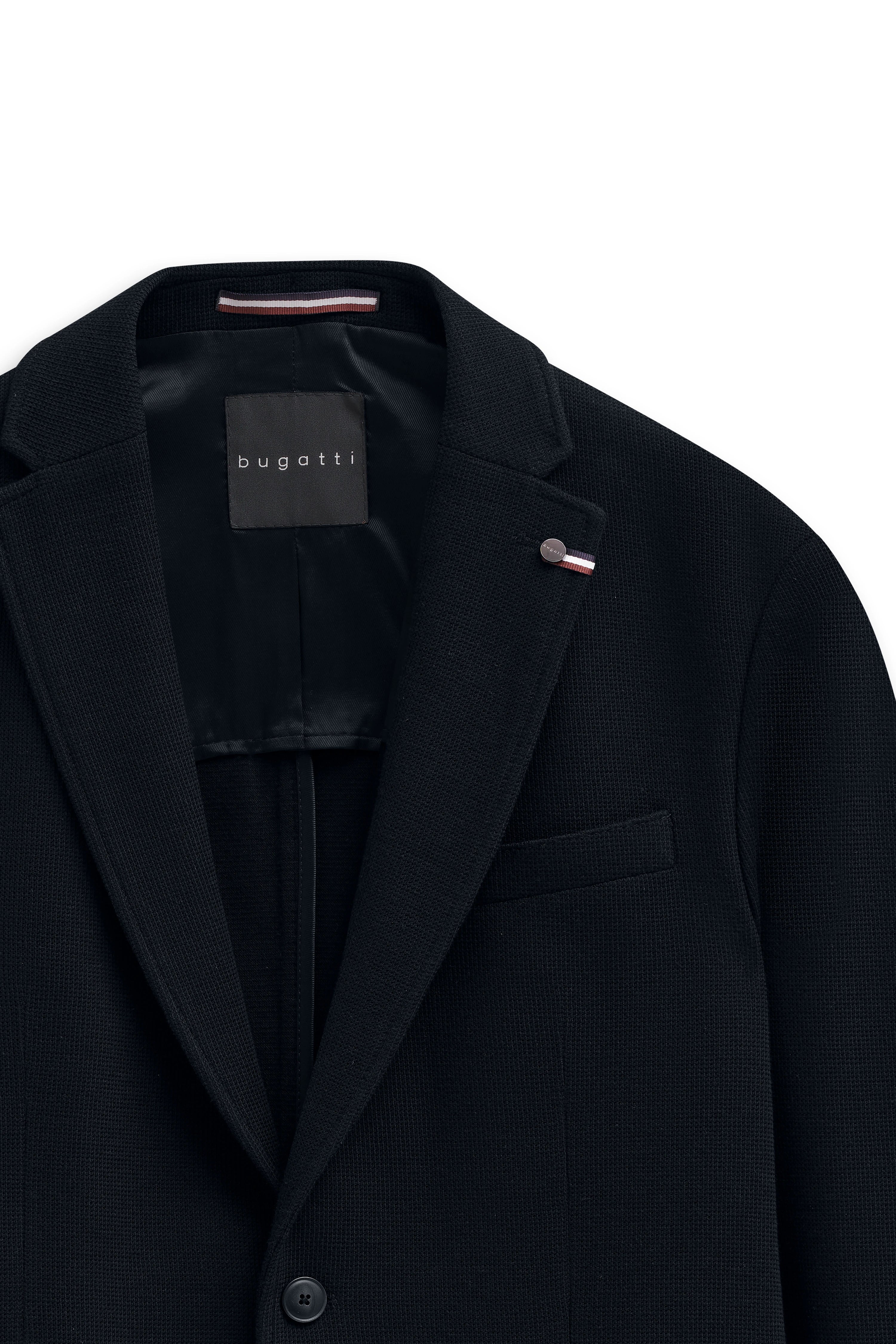 bugatti schwarzes Sakko, Büstenbild, eleganter Stoff, zeitloses Design.