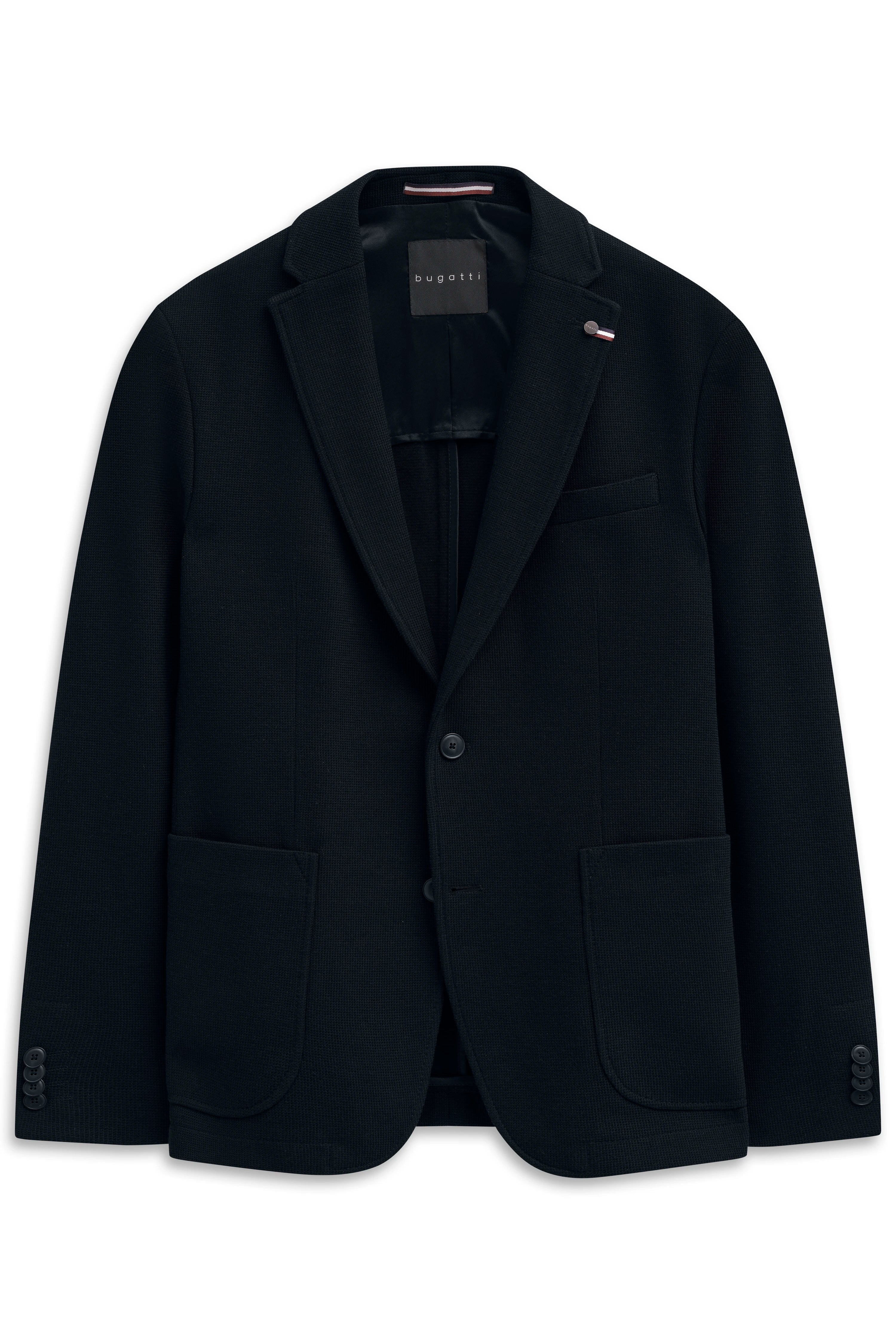 Black bugatti blazer, bust view, elegant texture, classic design.