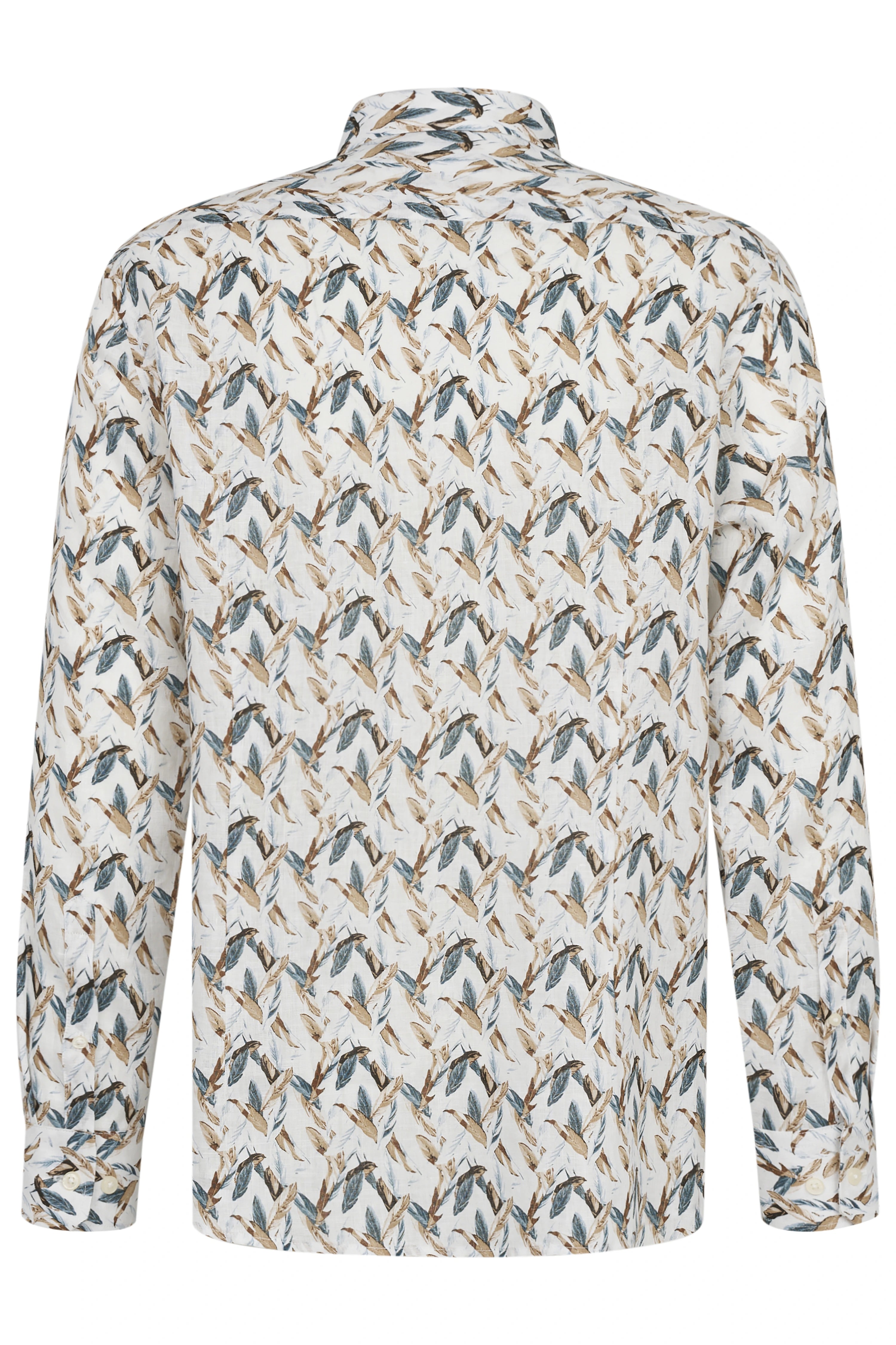 Lang shirt van bugatti met bladmotief in wit en blauw. Busteweergave.