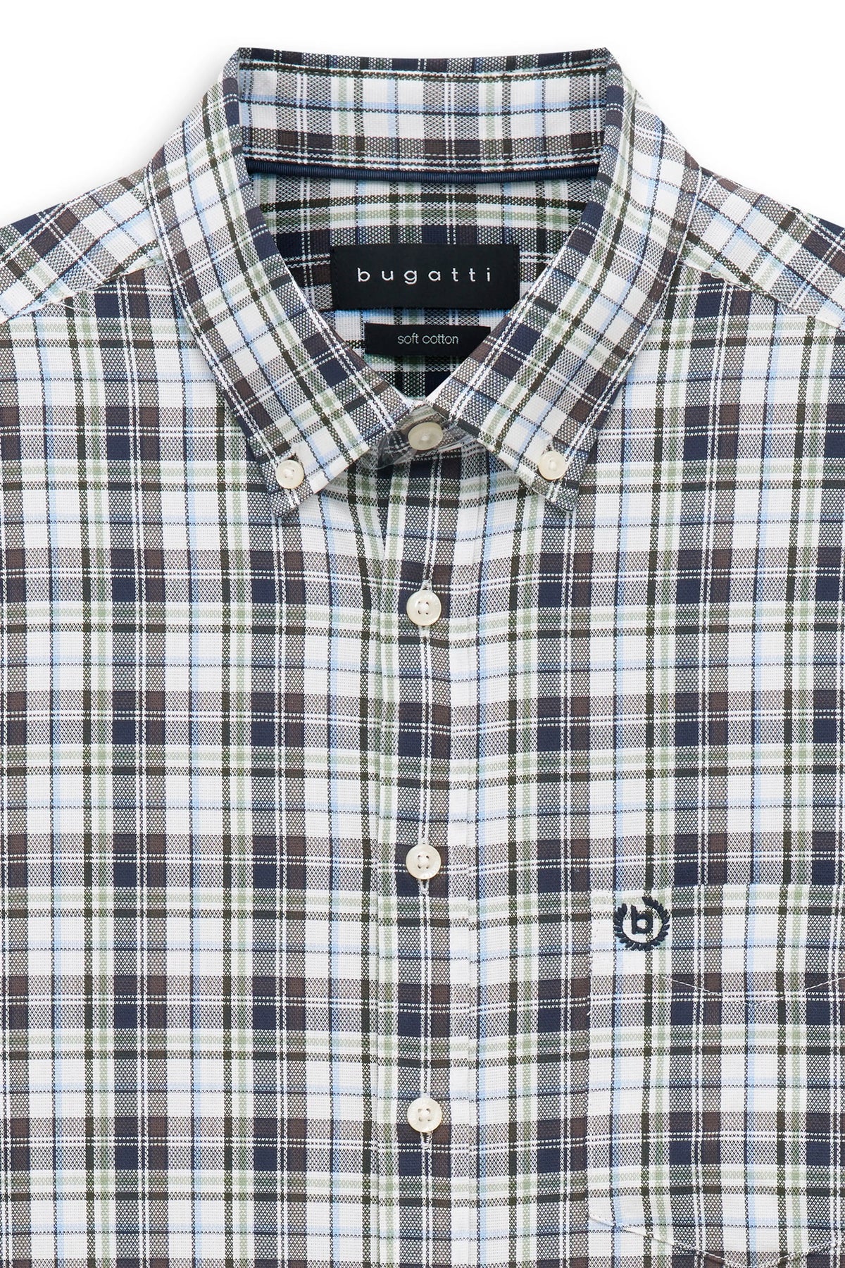 bugatti kariertes Hemd in Blau, Grün und Weiß, Büstenbild, Button-Down-Kragen.