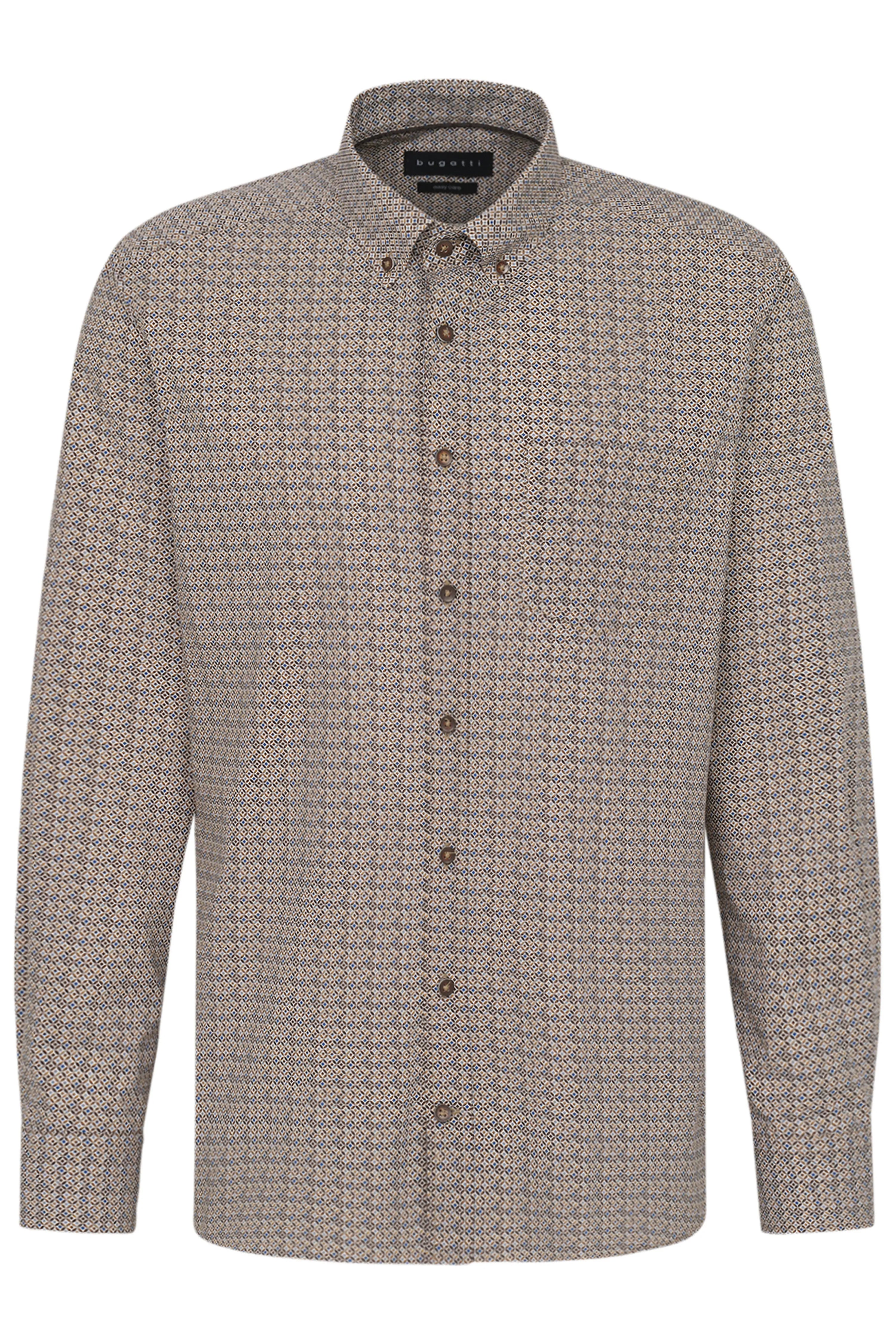 Bugatti Hemd, beige-braunes geometrisches Muster, Büstenbild, stilvoll und zeitlos.