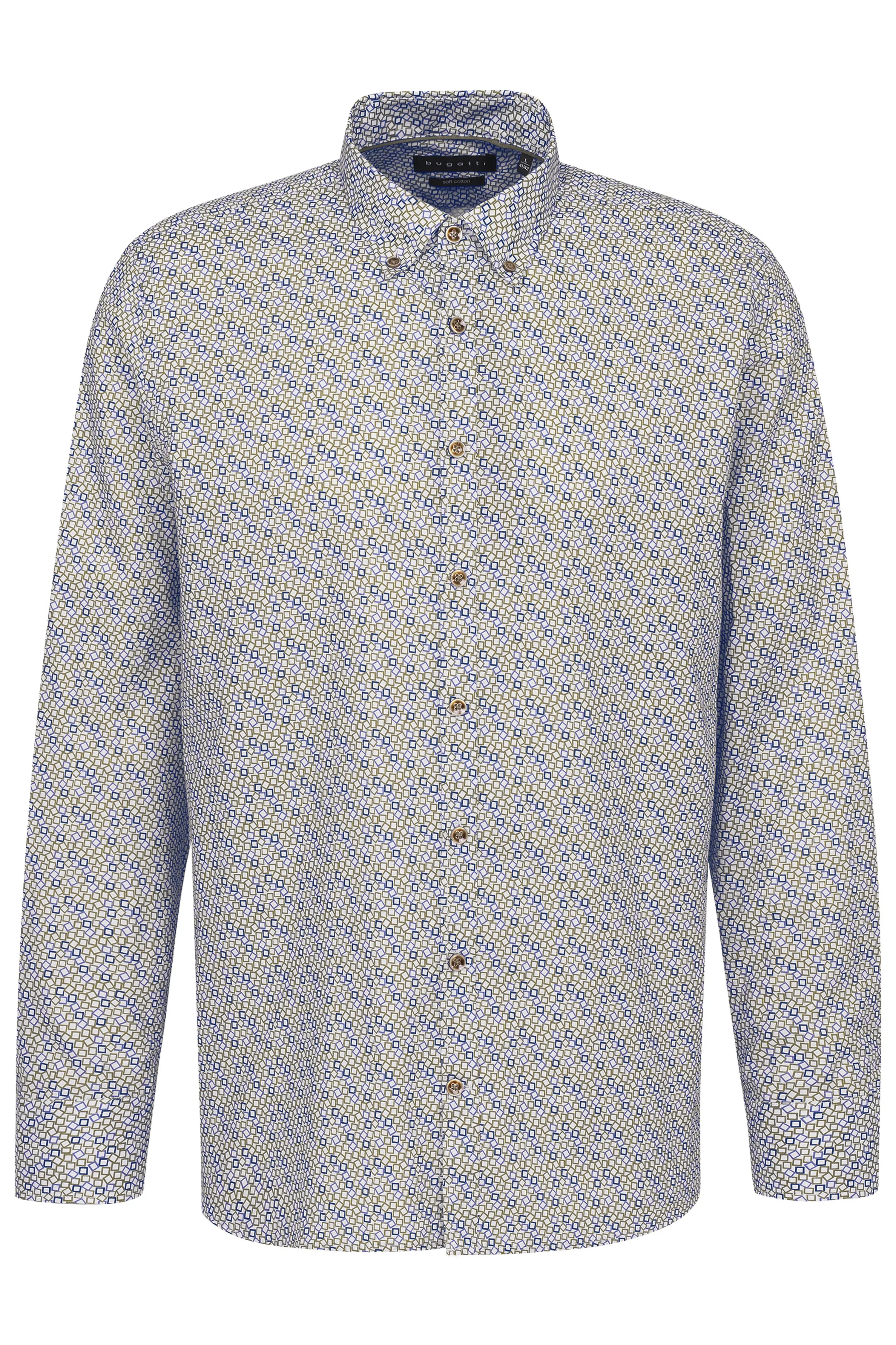 Herrenhemd mit geometrischem Muster in Blau und Beige, Büstenbild, von bugatti.
