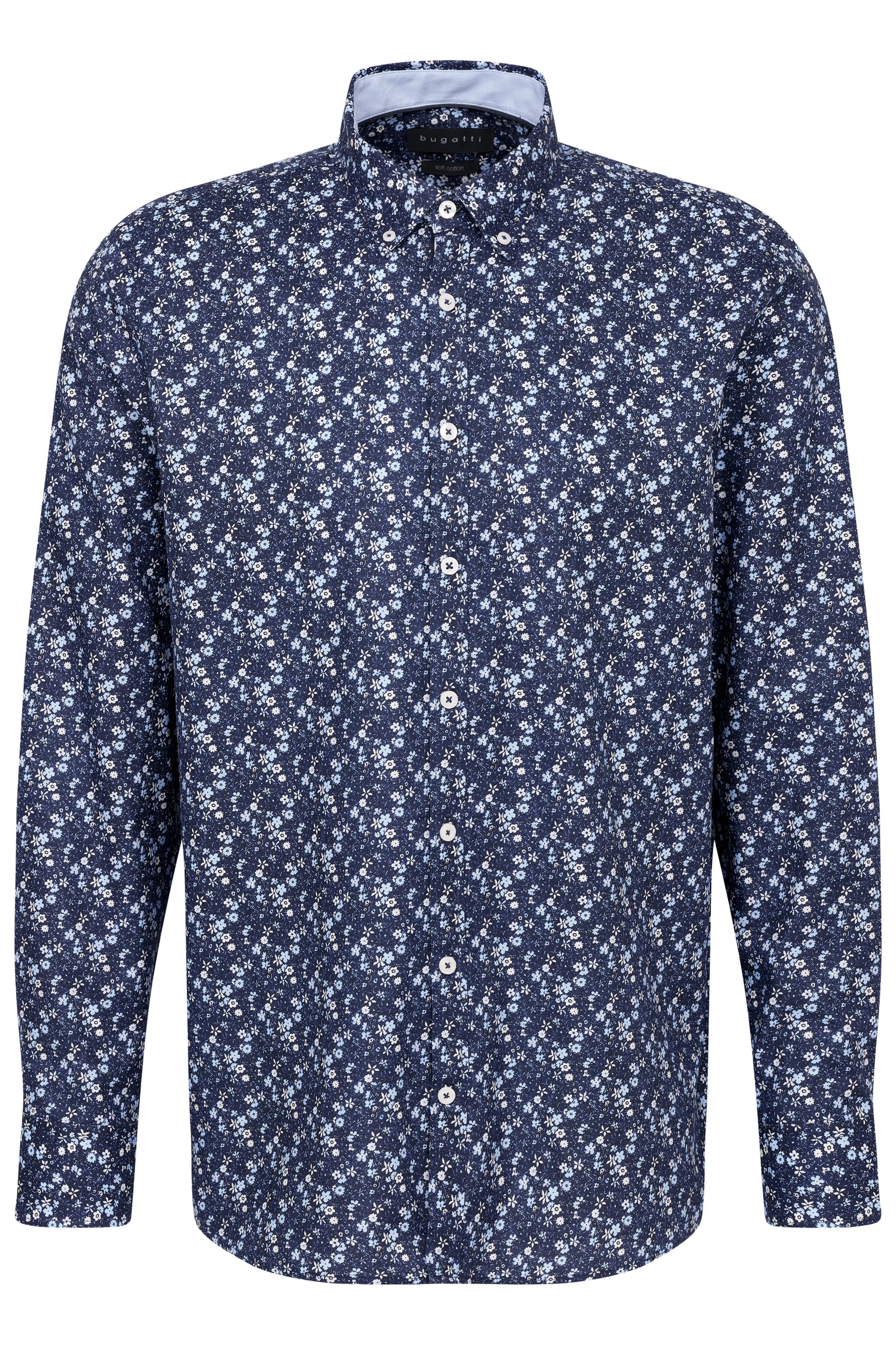 Blaues bugatti Hemd mit floralem Muster, Büstenbild, elegante Knopfleiste.