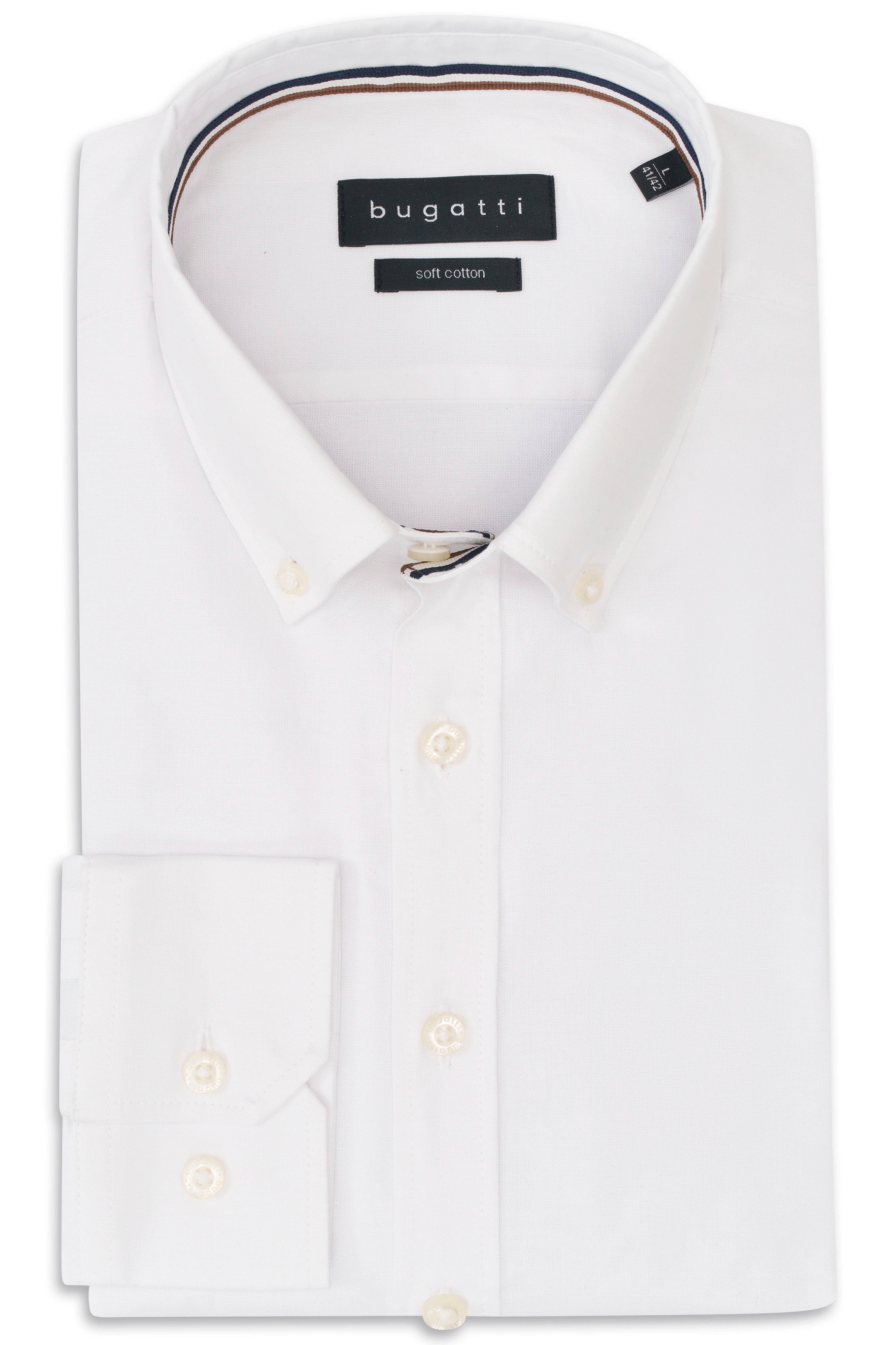 Weißes bugatti Hemd, Button-Down-Kragen, Bügelbild, klassisch-elegant, für zeitlosen Stil.
