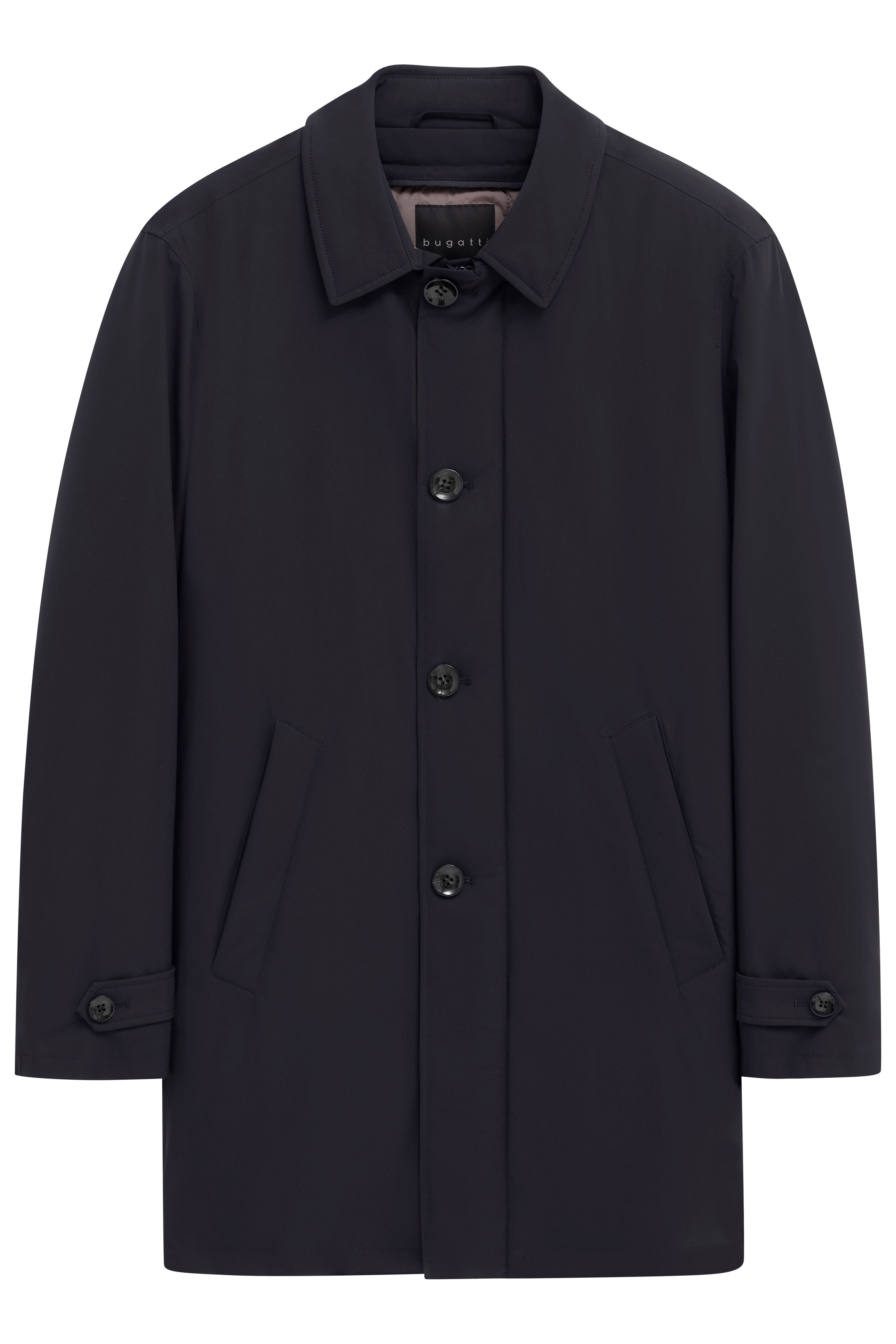 Black bugatti coat, bust view, classic design, button placket, elegant look.
