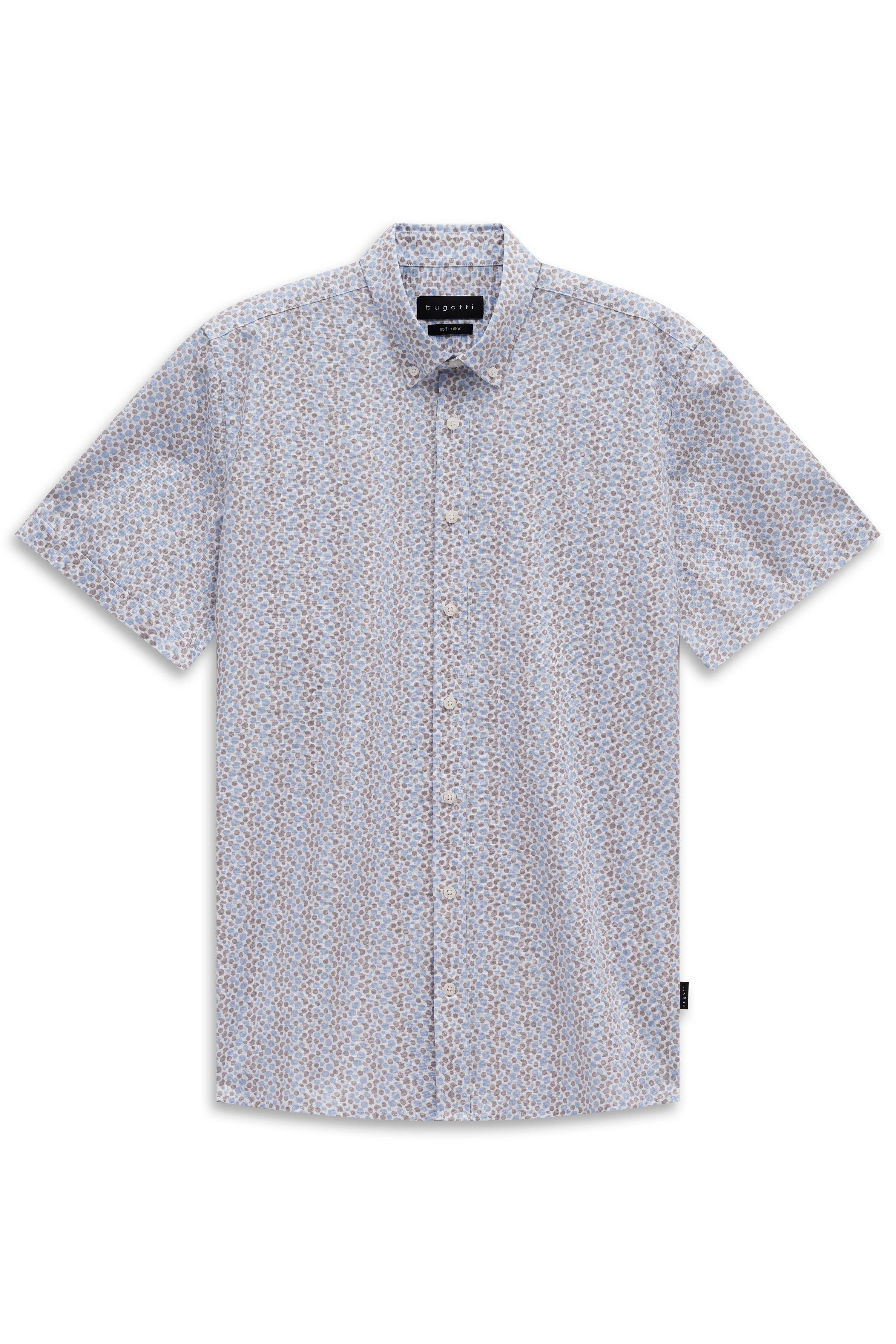 Kurzarmhemd mit floralem Muster in Blau und Weiß, Büstenbild, bugatti Stil und Eleganz.