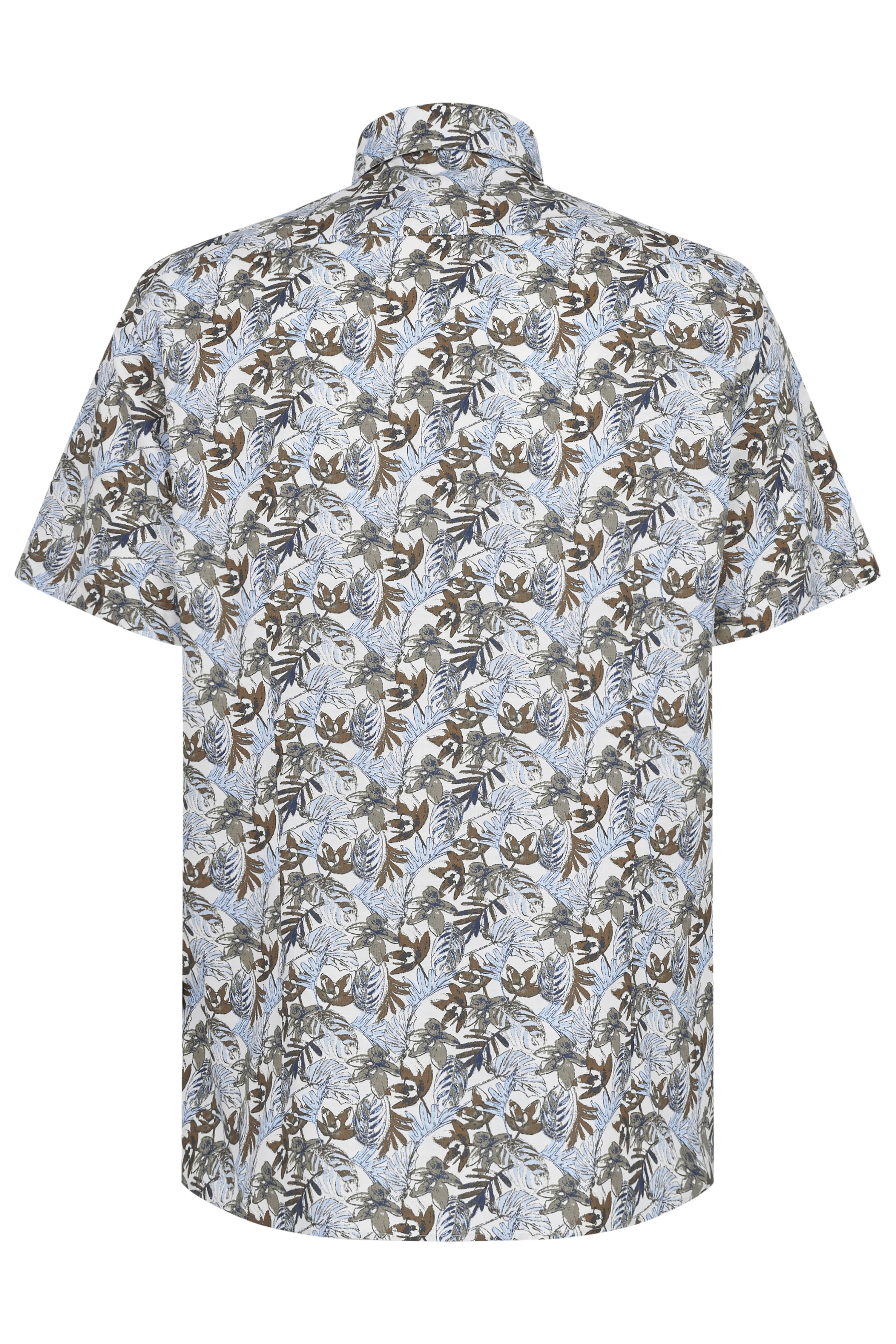 Korte mouw bugatti overhemd met blauw en bruin bloemenpatroon, achteraanzicht, casual design.