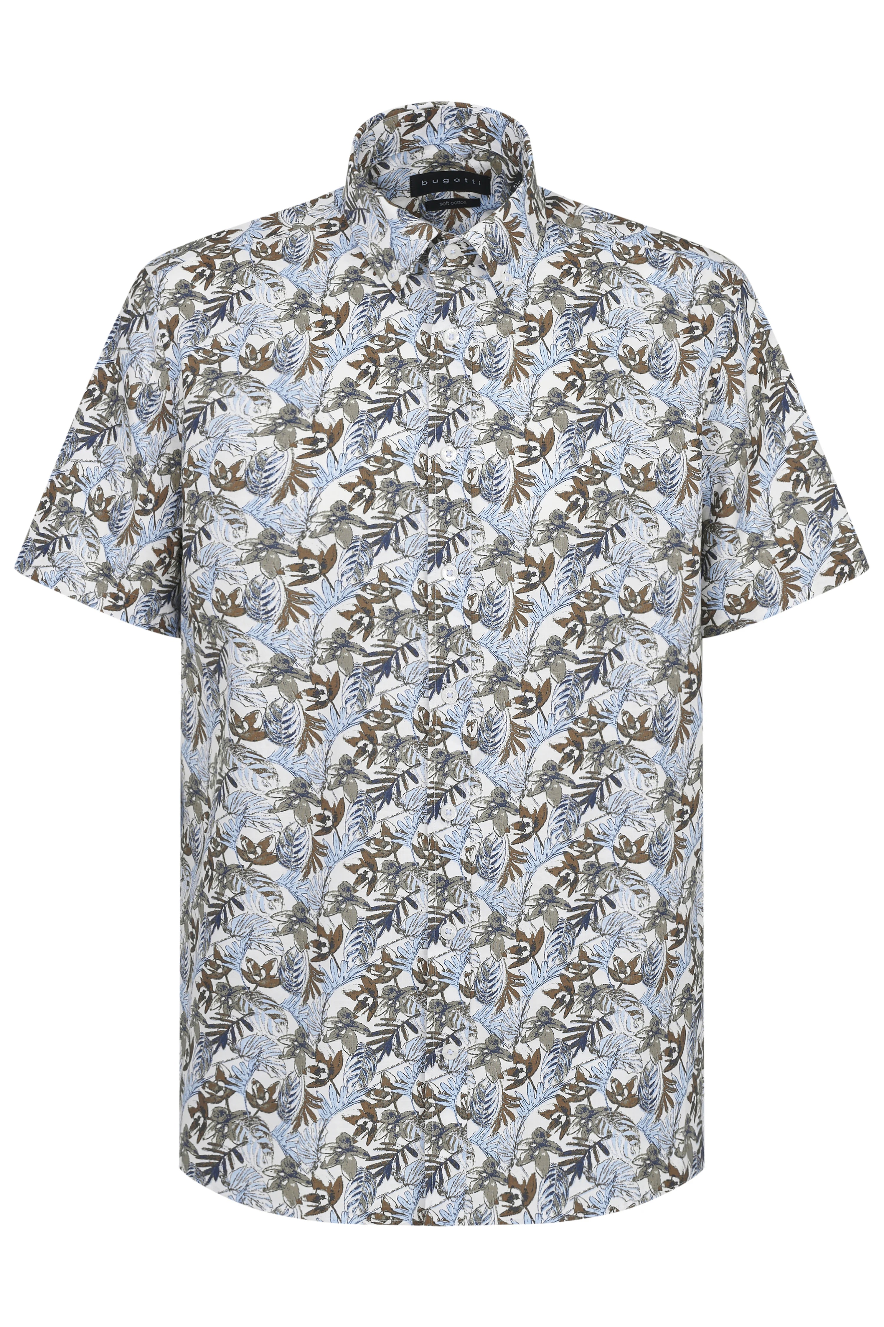 Kort overhemd met blauwe en bruine bloemenprint op witte achtergrond, busteweergave van bugatti.