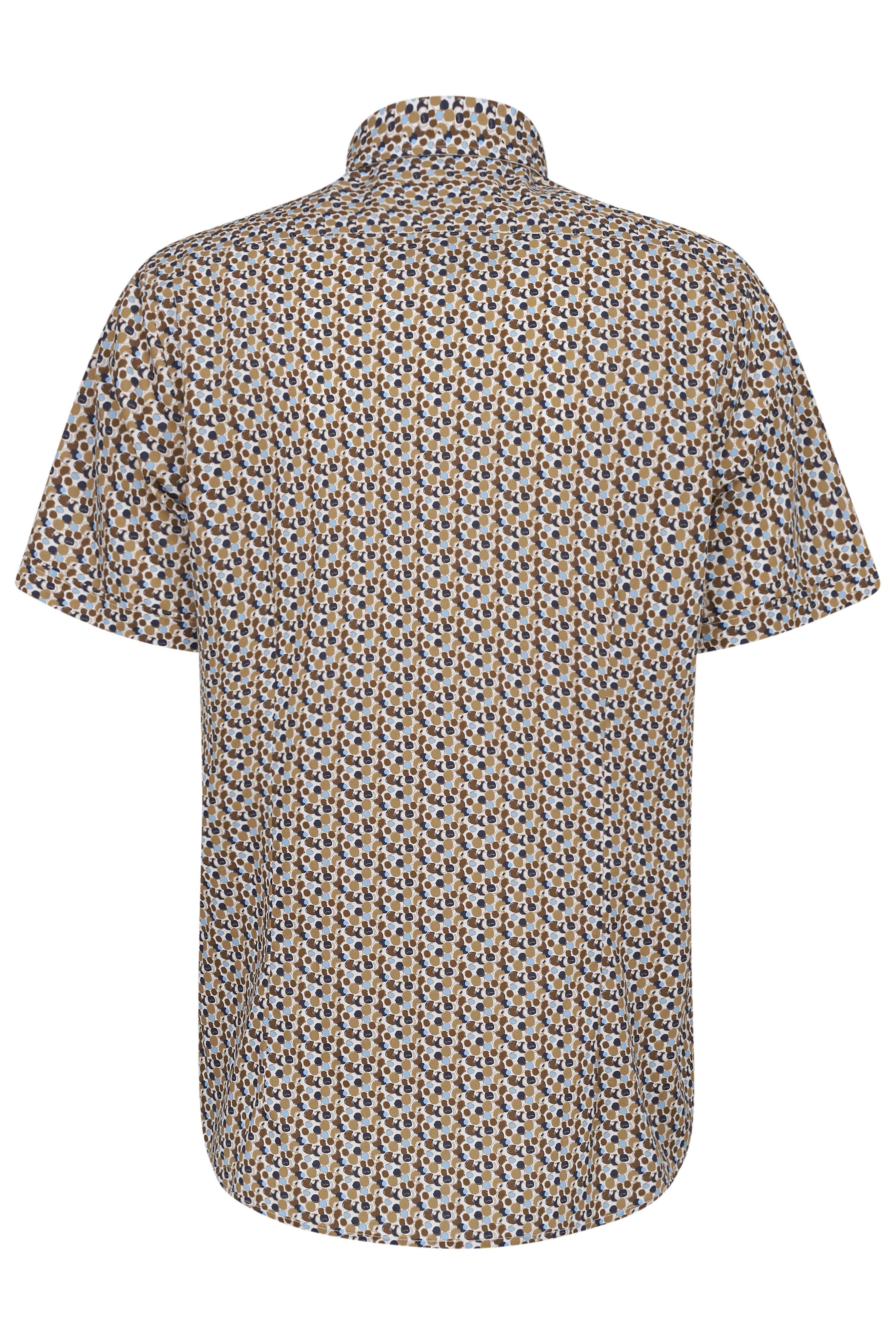 Kortemouwen shirt met geometrisch patroon in blauw en bruin, achteraanzicht, casual.