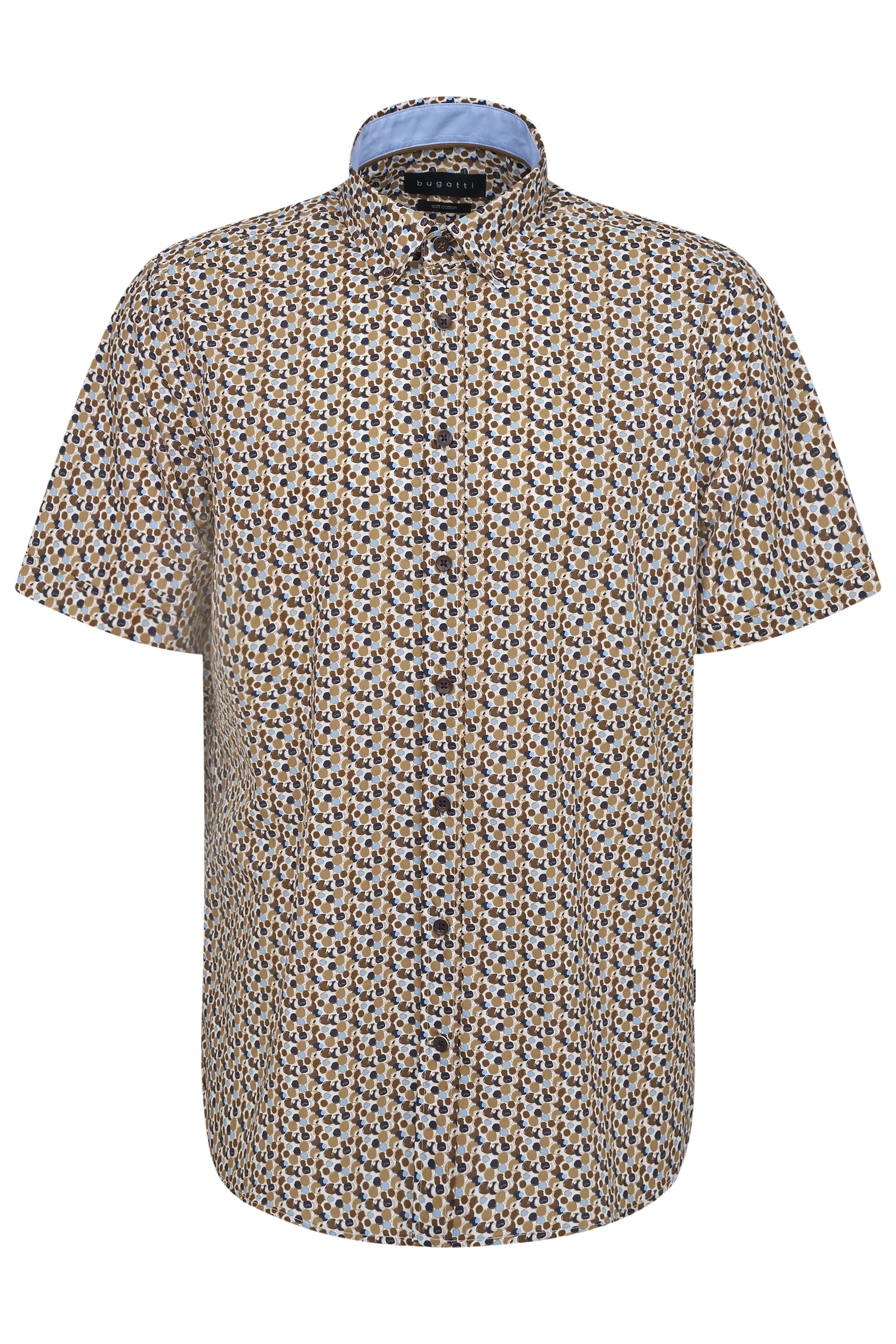 Kort overhemd van bugatti met abstract patroon in beige en blauw, busteweergave.