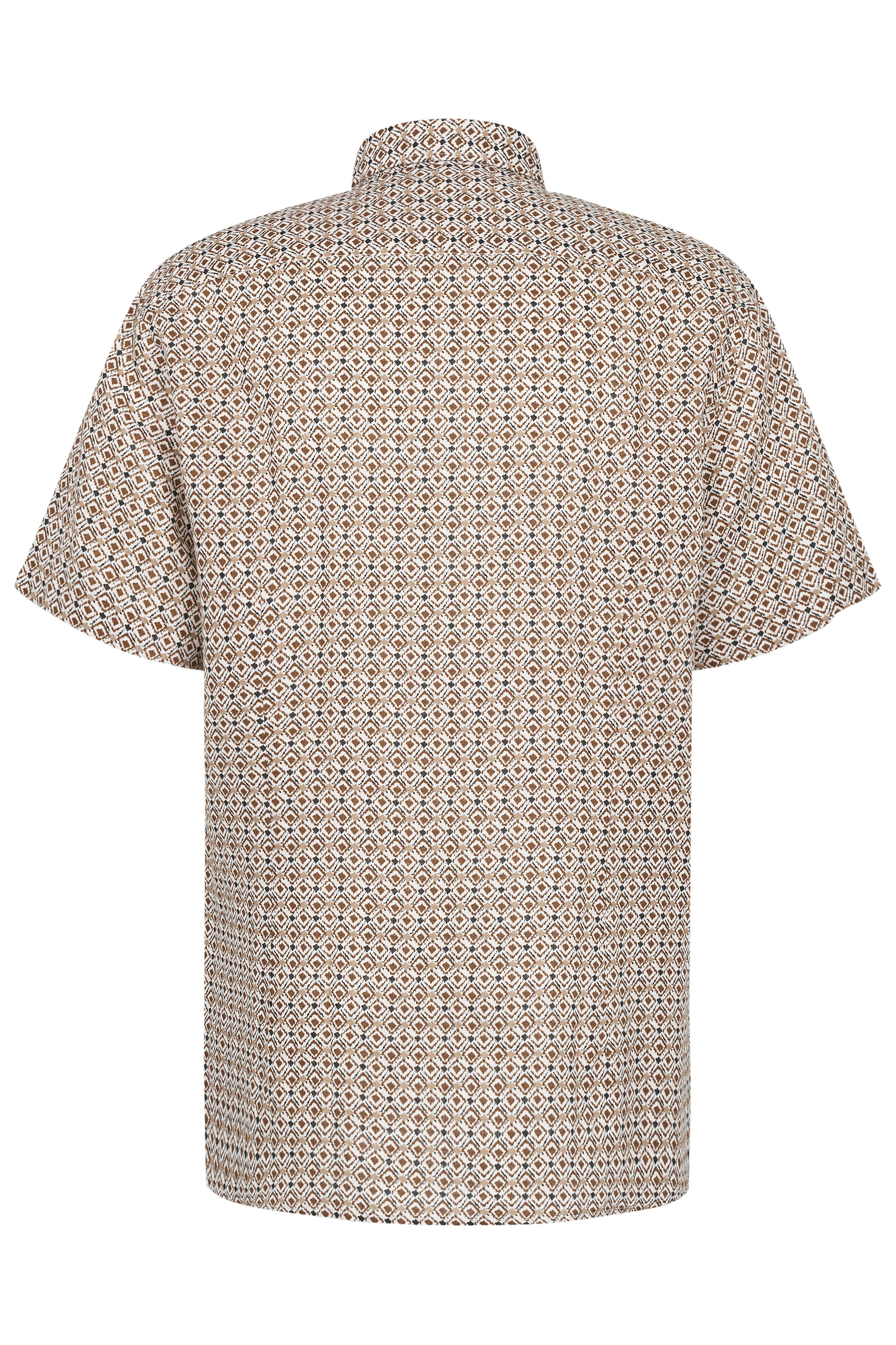 Kortærm overhemd met geometrisch patroon in beige en bruin, buste, bugatti stijl en elegantie.