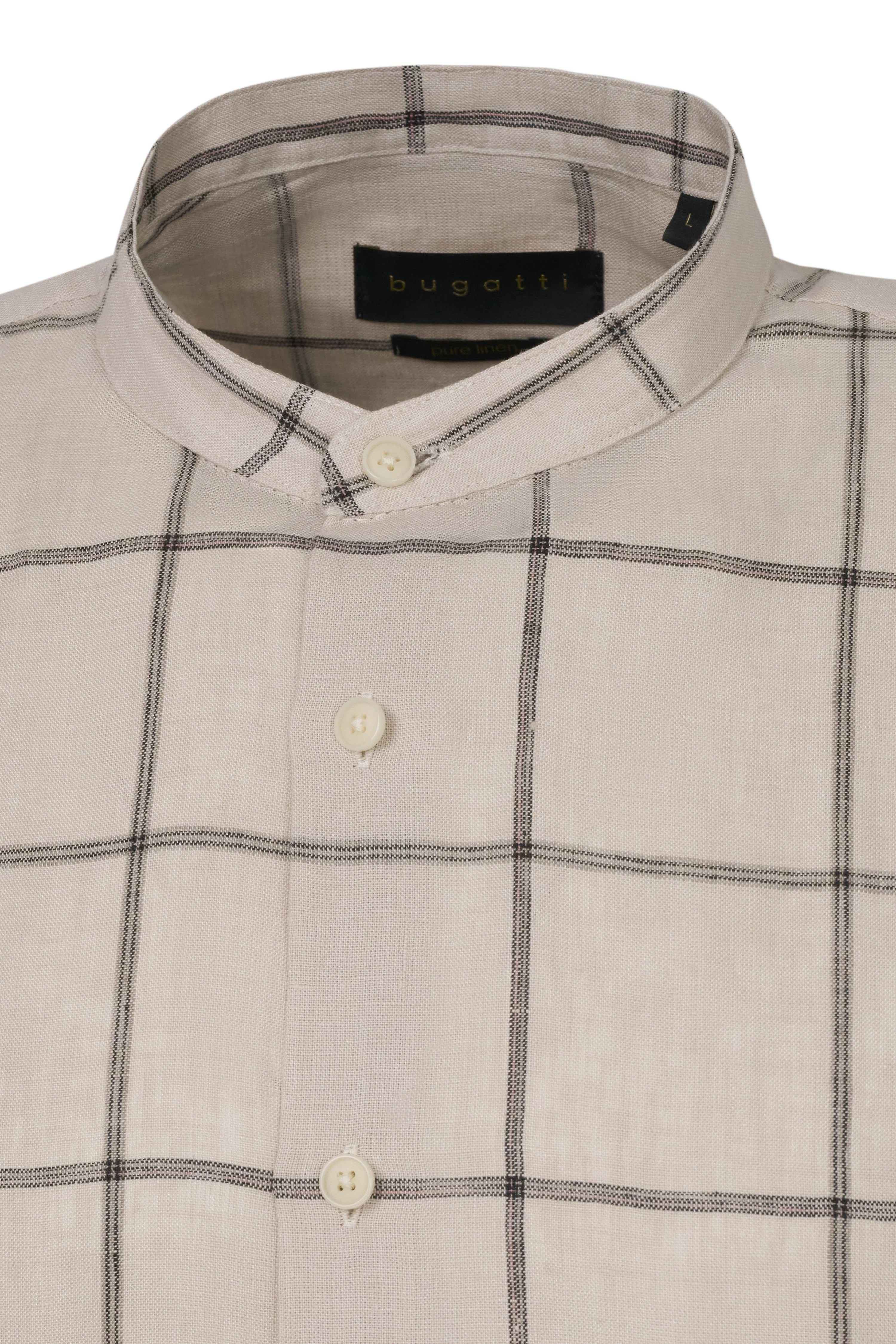 Beige bugatti overhemd met grijs ruitpatroon, opstaande kraag