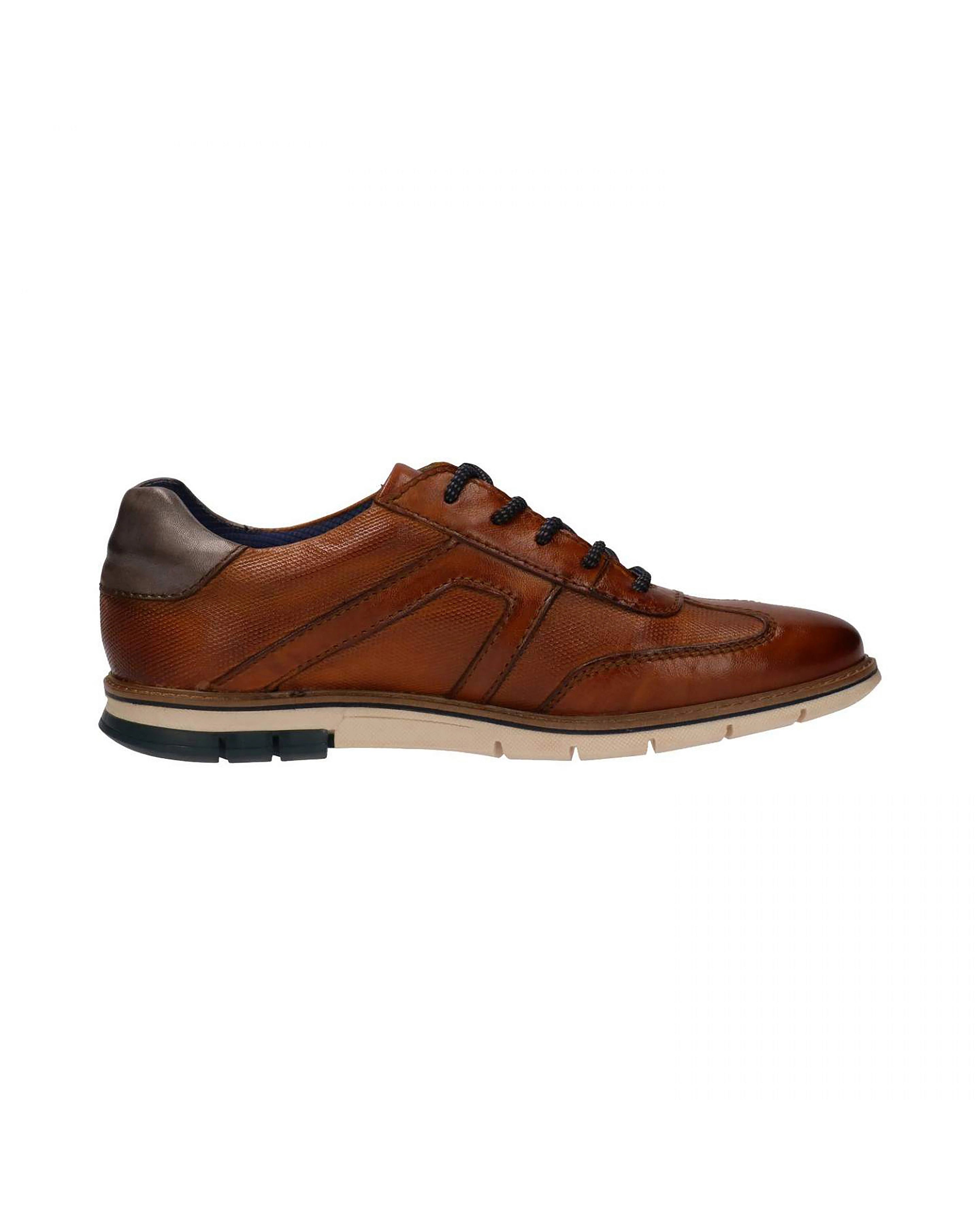 Men's brown leather sneakers by bugatti, side view, elegant design, casual vibe.